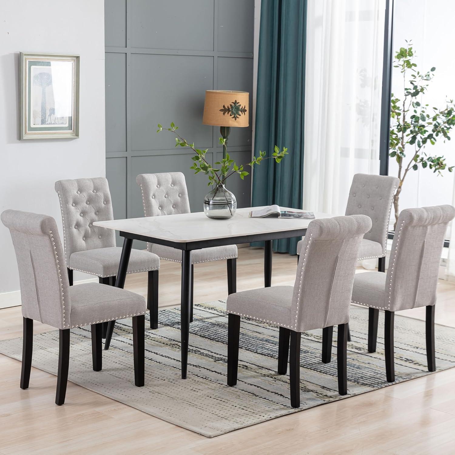 Gray Upholstered Tufted Dining Chairs with Wood Legs, Set of 4