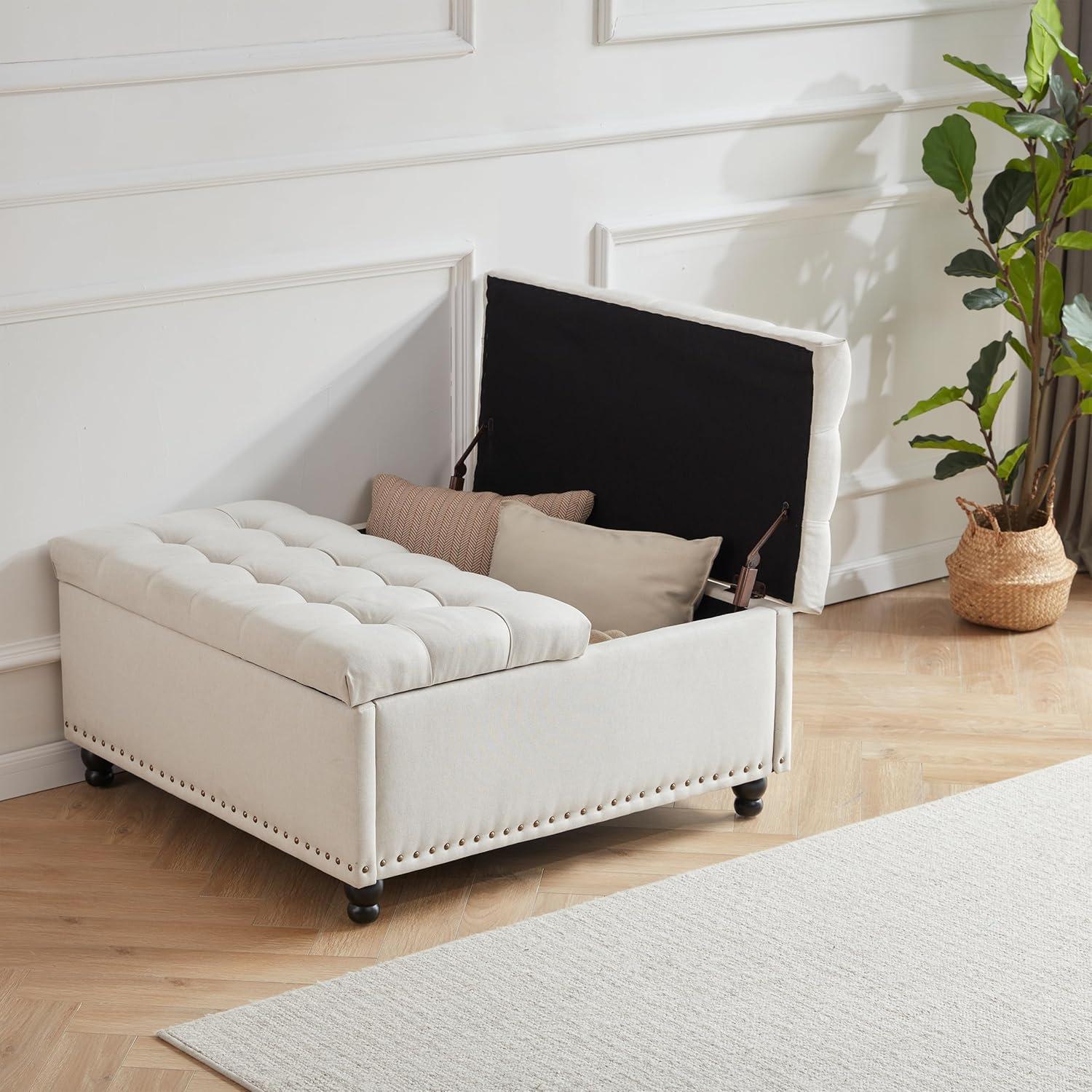 Beige Tufted Upholstered Square Storage Ottoman Bench