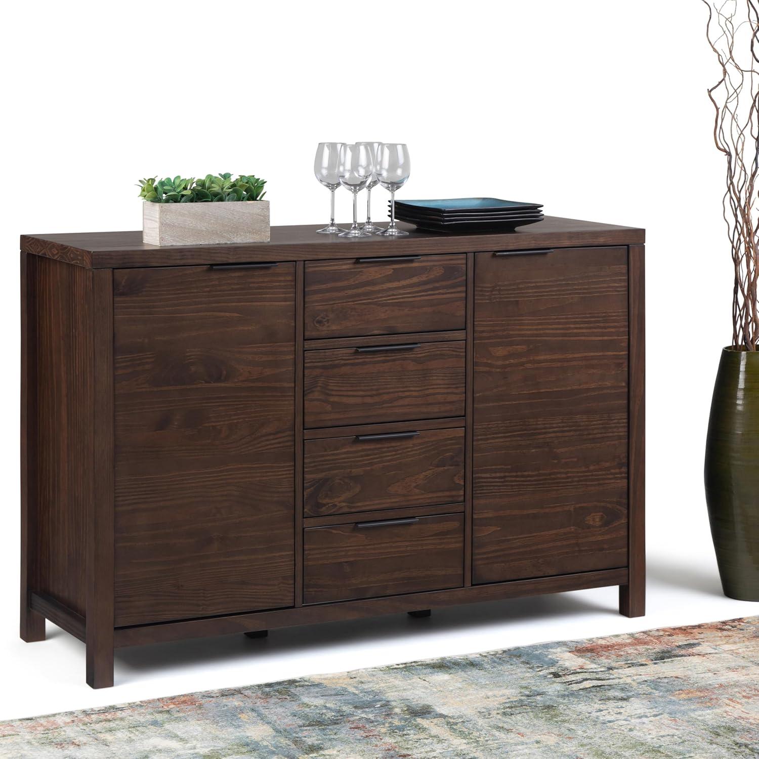 Simpli Home Hollander 54"W Solid Wood Contemporary 2-Door Sideboard Buffet with 4 Center Drawers