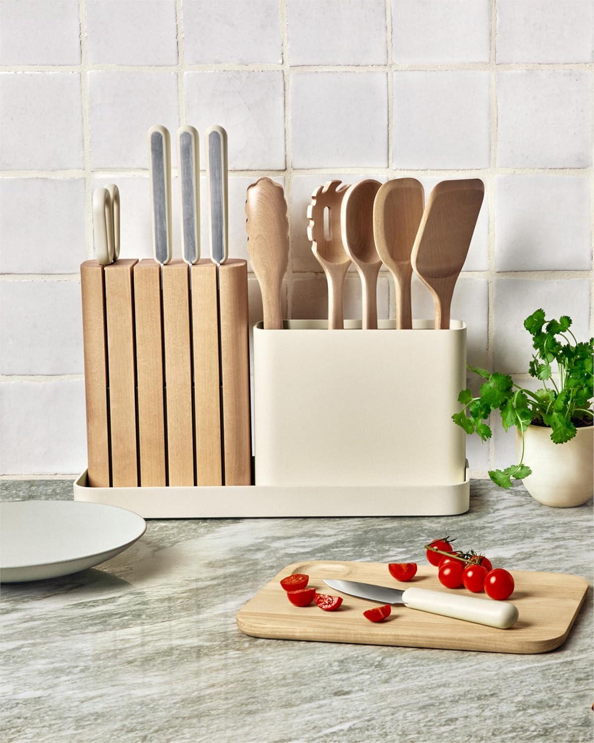 Cream 14-Piece German Steel Knife and Birch Utensil Set