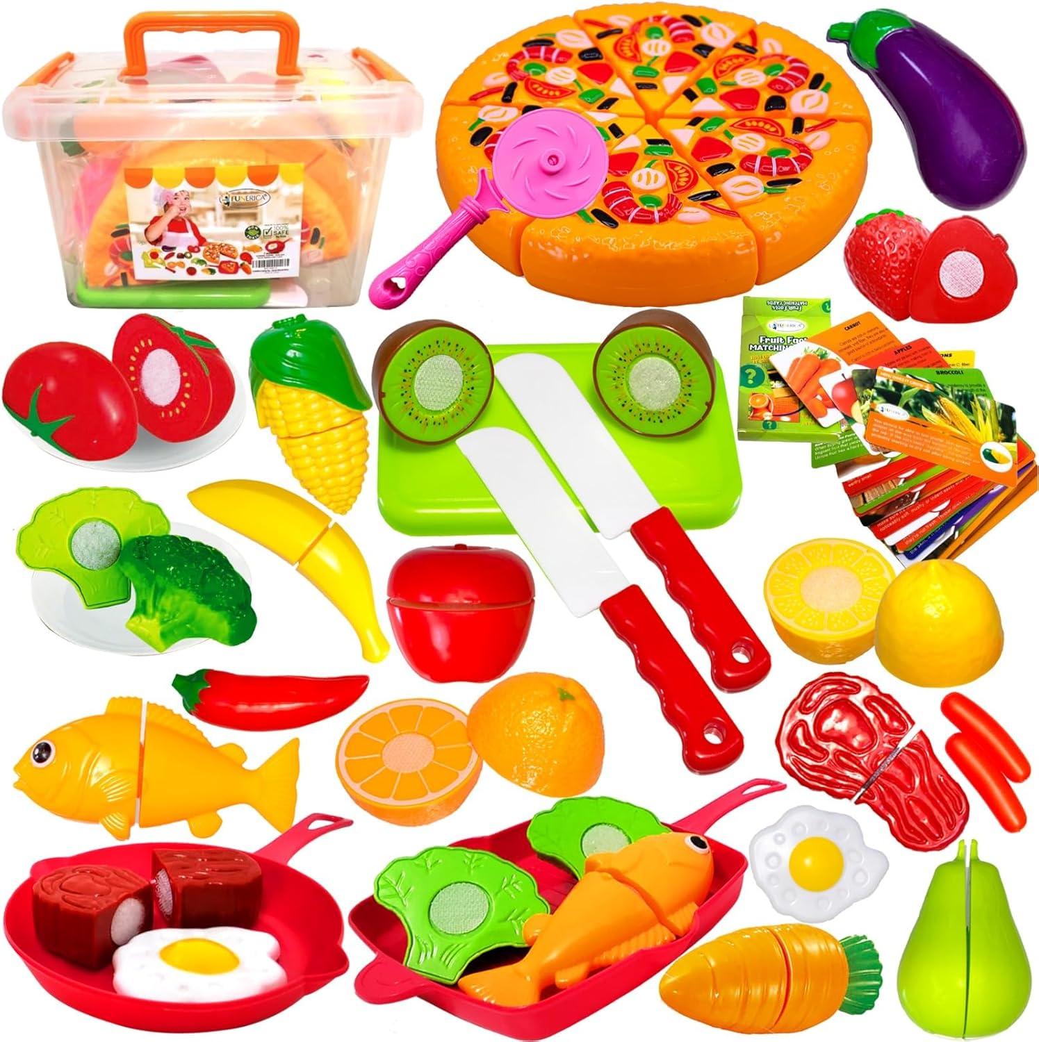 FUNERICA Play Kitchen Cutting Food Toys for Kids - Pretend Cutting Fruits, Vegetables, Cuttable Pizza Pie, Poultry and Fish, Toddler Play Kitchen Accessories with Pots and Utensils