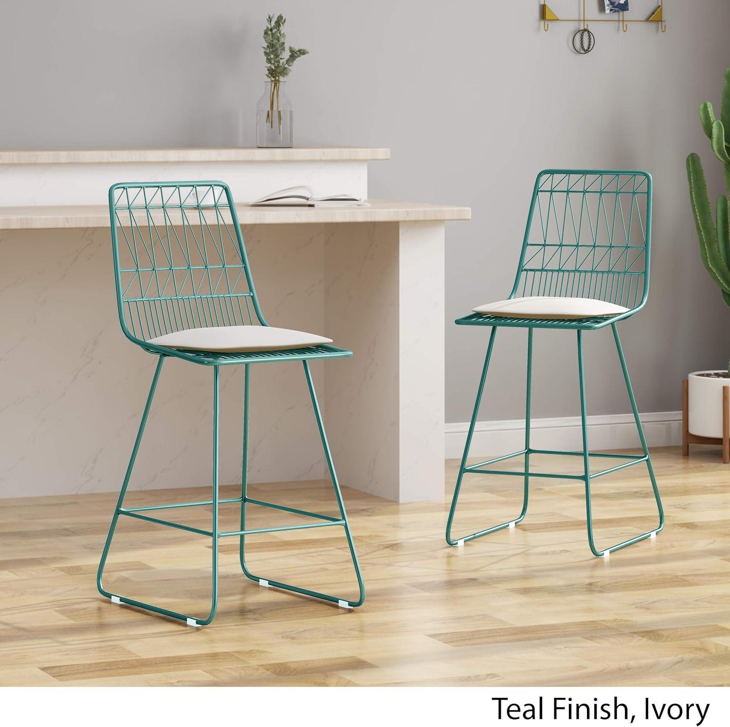 Lilith Indoor Wire Counter Stools with Cushions, Set of 2, Teal and Ivory