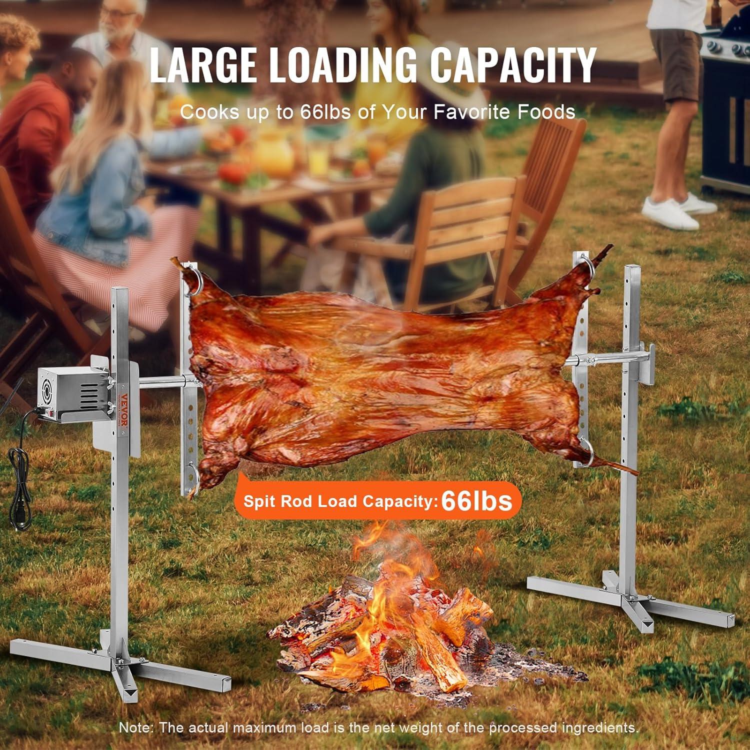 Electric BBQ Rotisserie Grill Kit, 132 lbs. Capacity, 56 in., 52W Motor, Stainless Steel, Spit Rod for Pig, Lamb