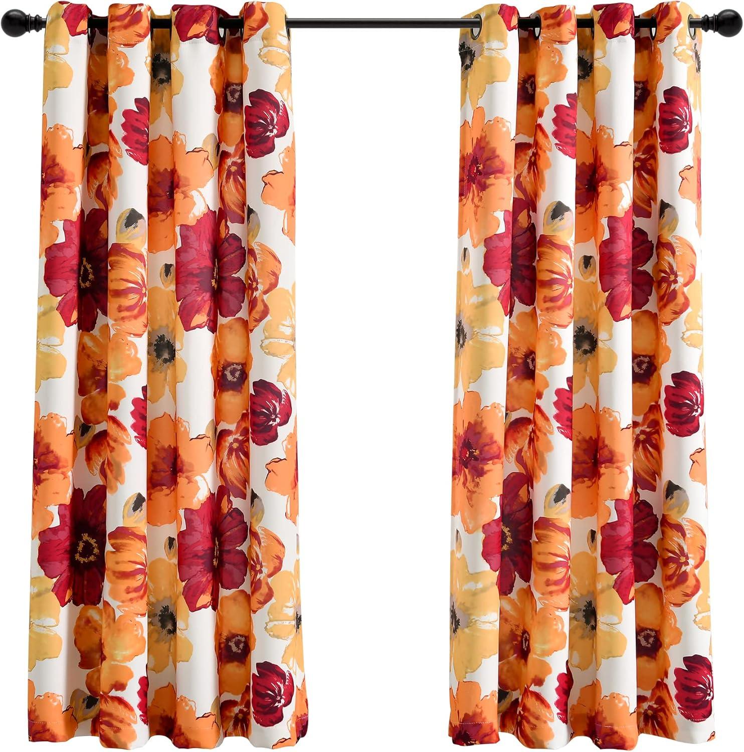 Red Orange Floral Blackout Grommet Window Panels