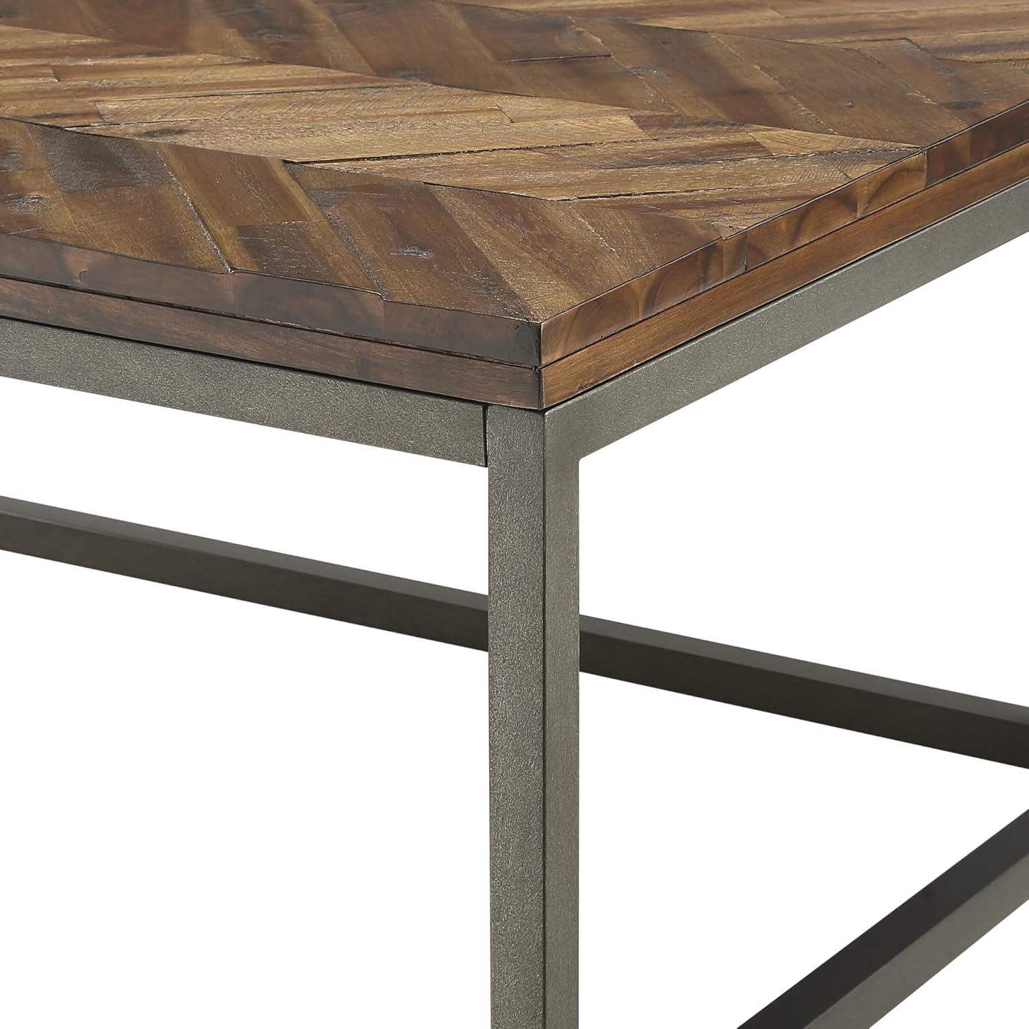 Lorenza Cocktail Metal Table Brown - Steve Silver Co.: Acacia Wood, Herringbone Pattern, Vintage Nickel Base