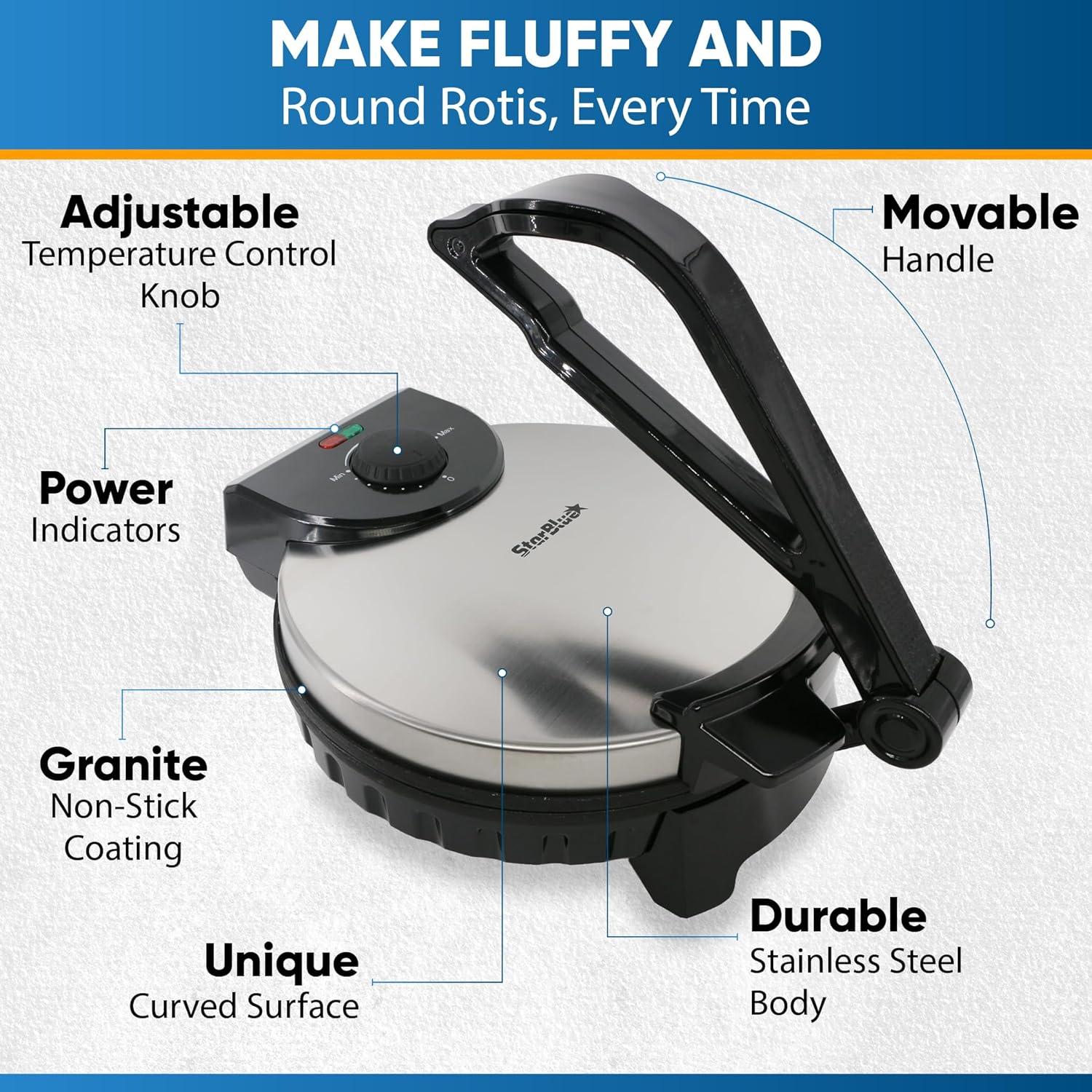 10inch Roti Maker by StarBlue with FREE Roti Warmer - The automatic Stainless Steel Non-Stick Electric machine to make Indian style Chapati, Tortilla, Roti AC 120V 50/60Hz 1200W