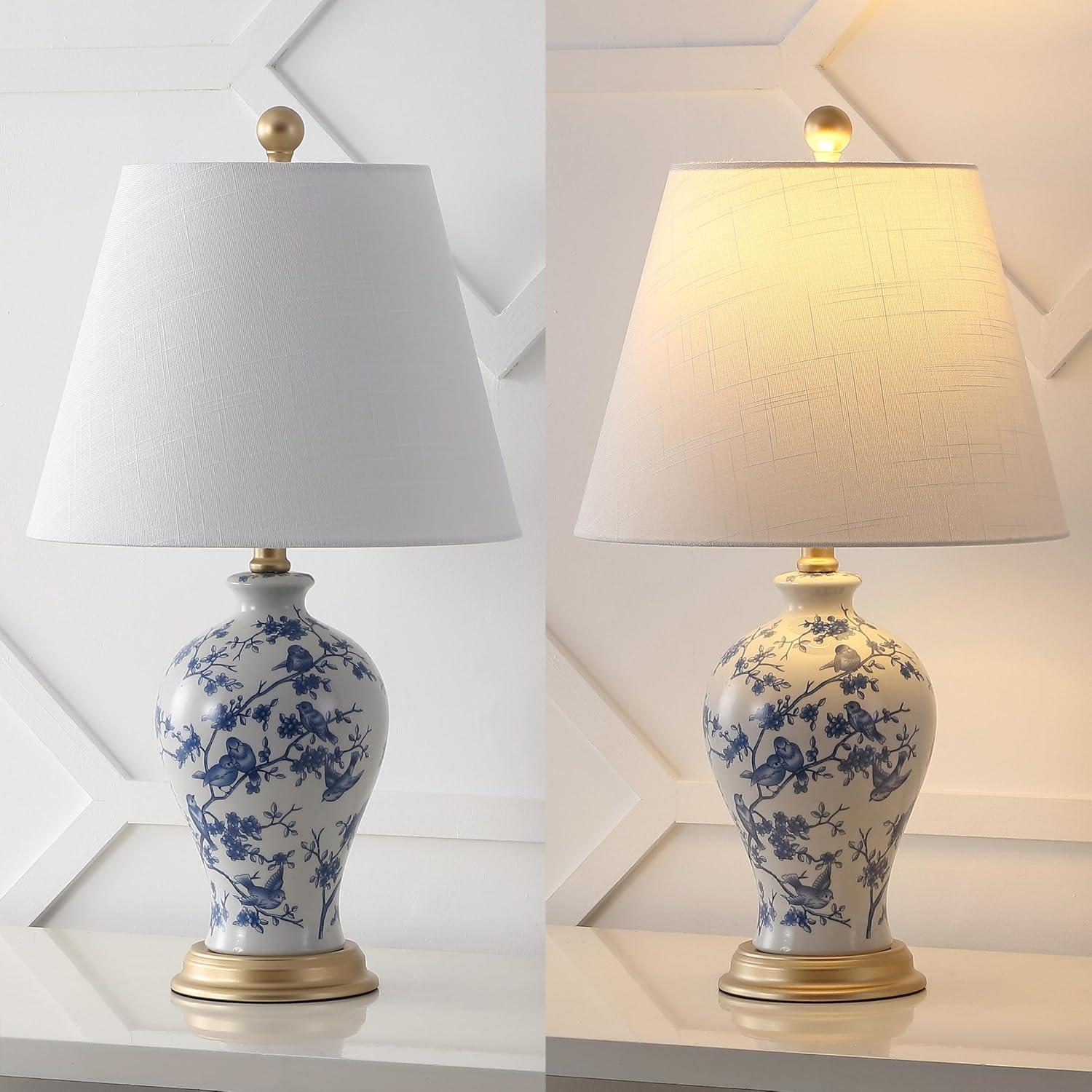 Grace 24" Blue and White Floral Ceramic Table Lamp with Brass Accents