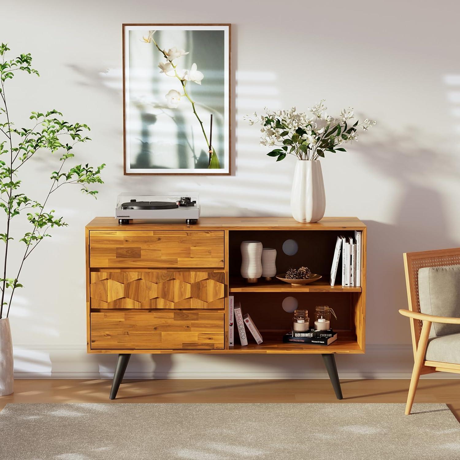 Teak Brown Acacia Wood TV Stand with Geometric Pattern