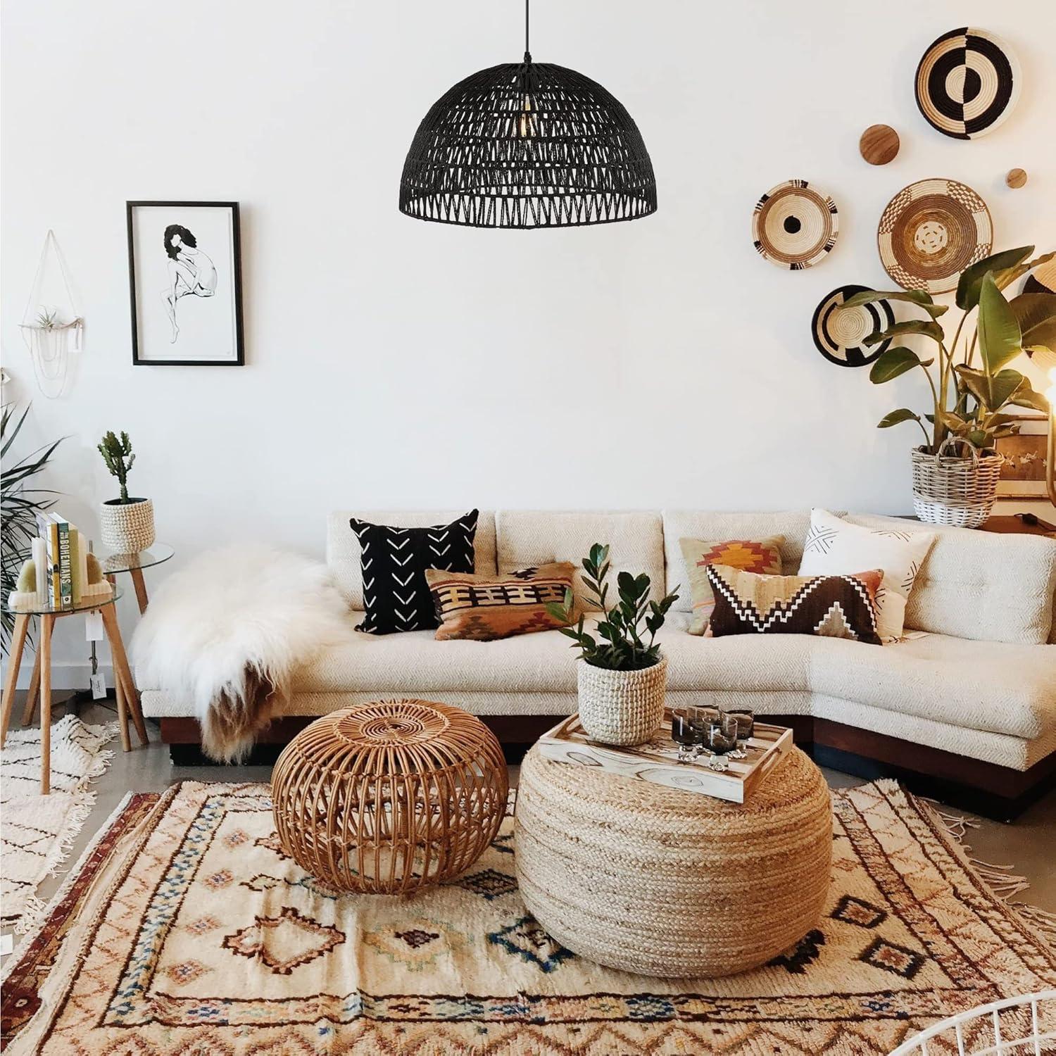 Bohemian Black Woven Rattan & Iron LED Dome Pendant 20"