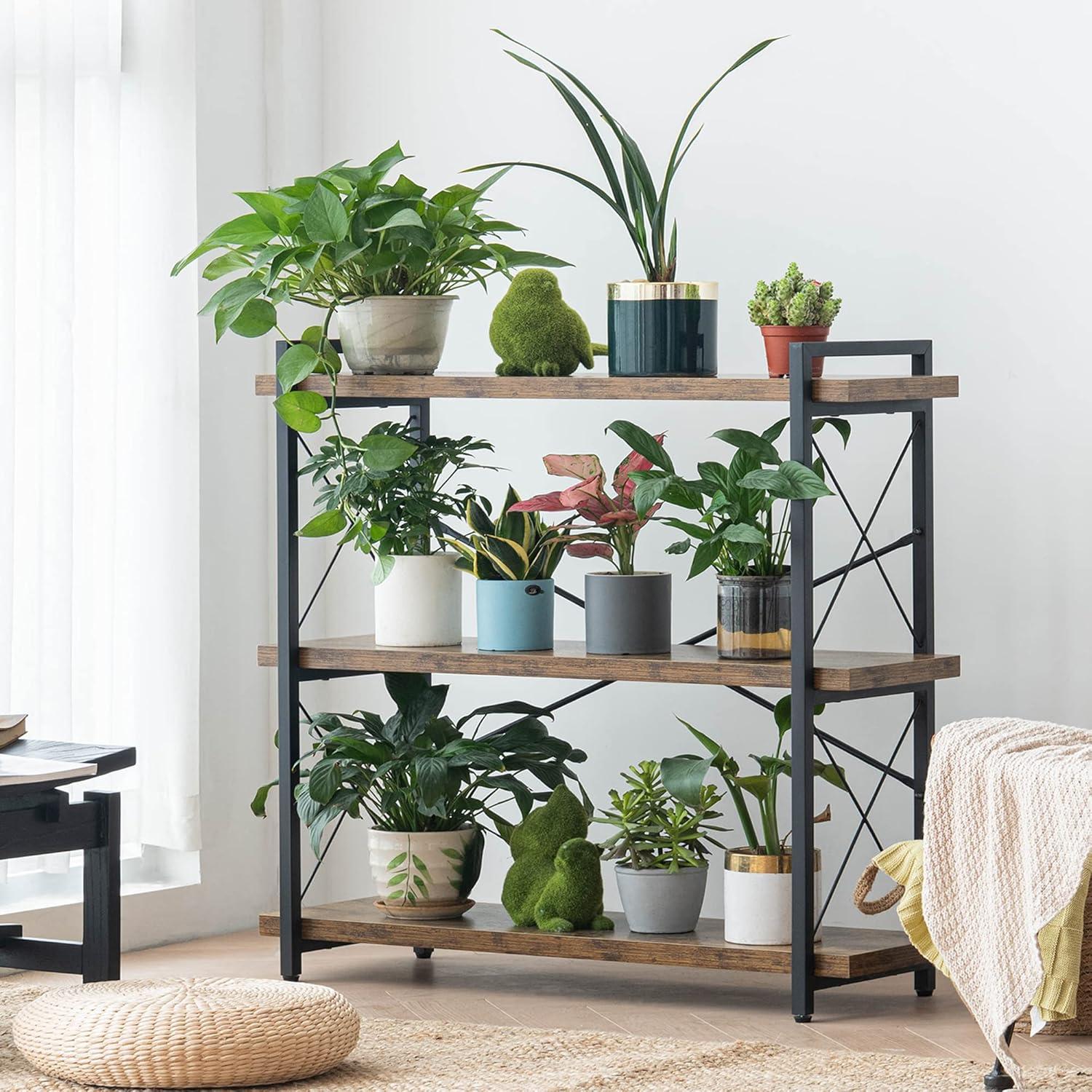 Rustic Brown 3-Tier Wood and Metal Industrial Bookshelf