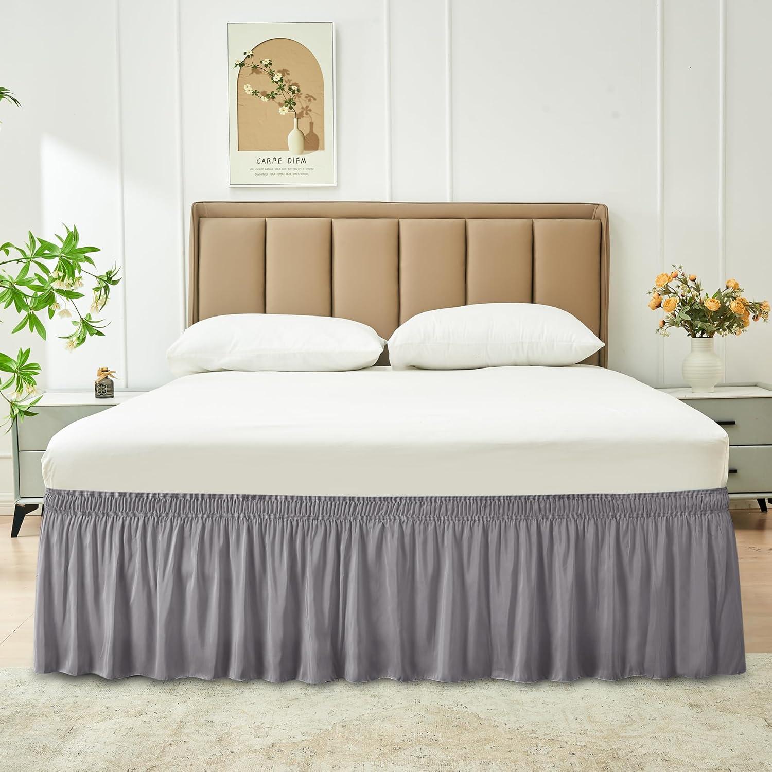 Queen Silver Grey Polyester Elastic Bed Skirt with Ruffles