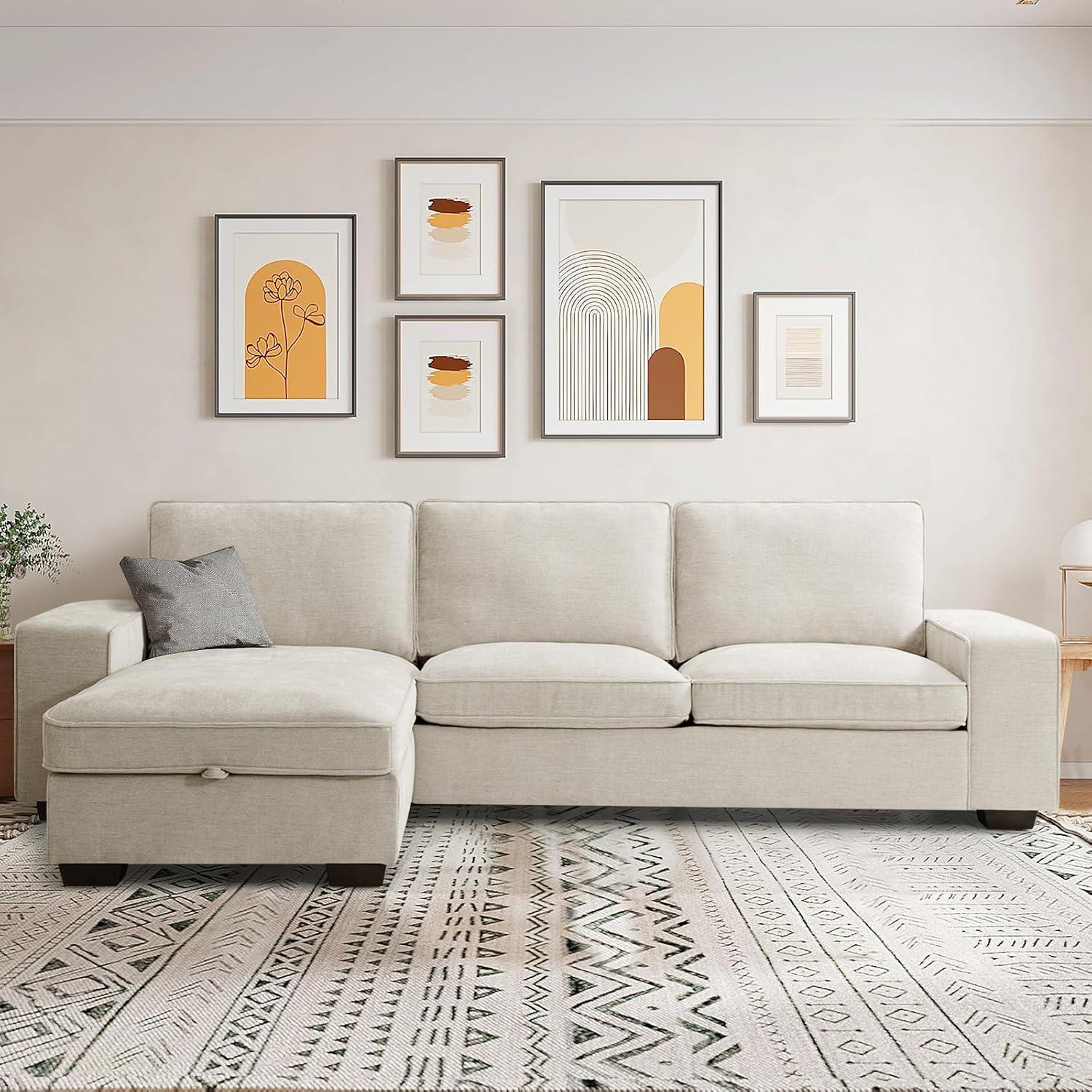 Latitude Run® ASHOMELI 99“ Convertible Sectional Sofa,L Shaped Couch,Multi-Functional Reversible Sofa With USB And Type-C Charging Ports, Storage Space, Breathable Fabric (Beige)