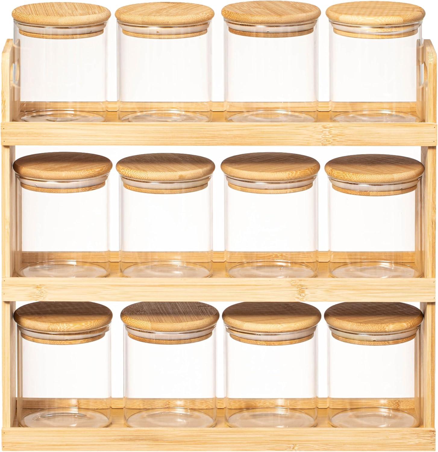 Basicwise 3-Tier Bamboo Spice Rack & Pantry Organizer with 12 Glass Jars.Perfect for Storage in Kitchens to Keep Seasoning Containers Neatly Displayed