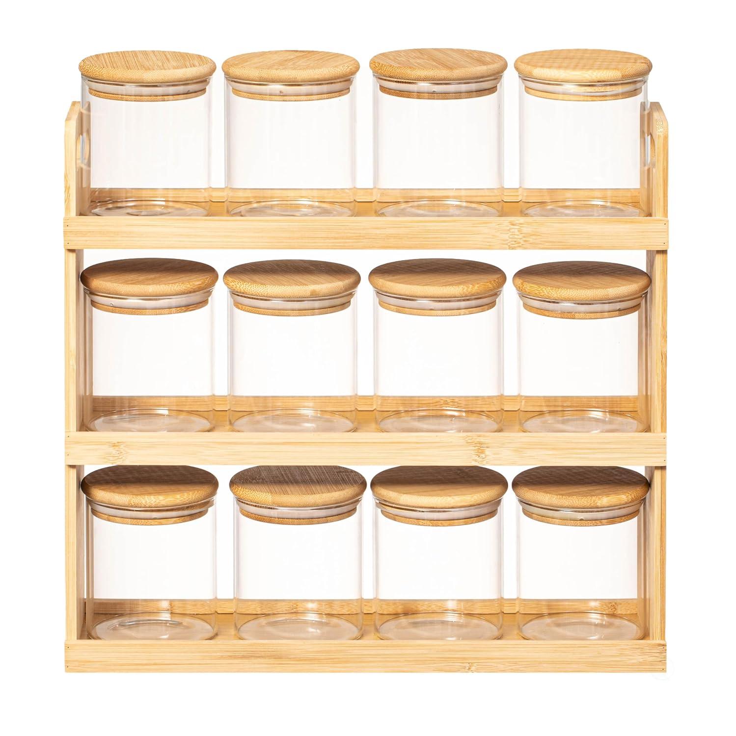 Basicwise 3-Tier Bamboo Spice Rack & Pantry Organizer with 12 Glass Jars.Perfect for Storage in Kitchens to Keep Seasoning Containers Neatly Displayed