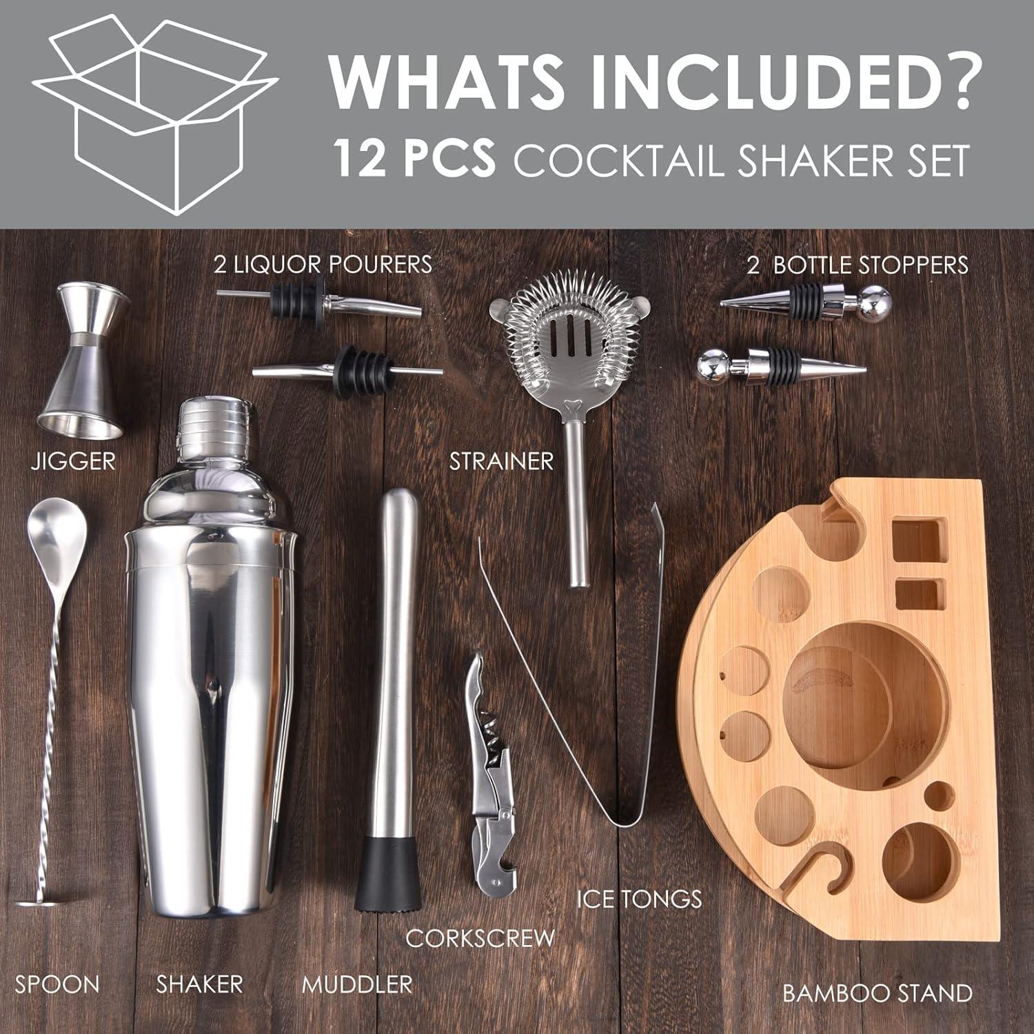 12 Pieces Bar Bartender Kit Cocktail Shaker Stainless Steel Set with Sleek Bamboo Tray (350ML)