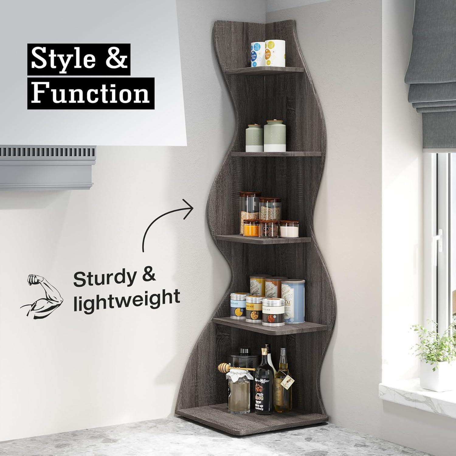 Gray 5-Tier Modern Corner Bookcase with Adjustable Shelves