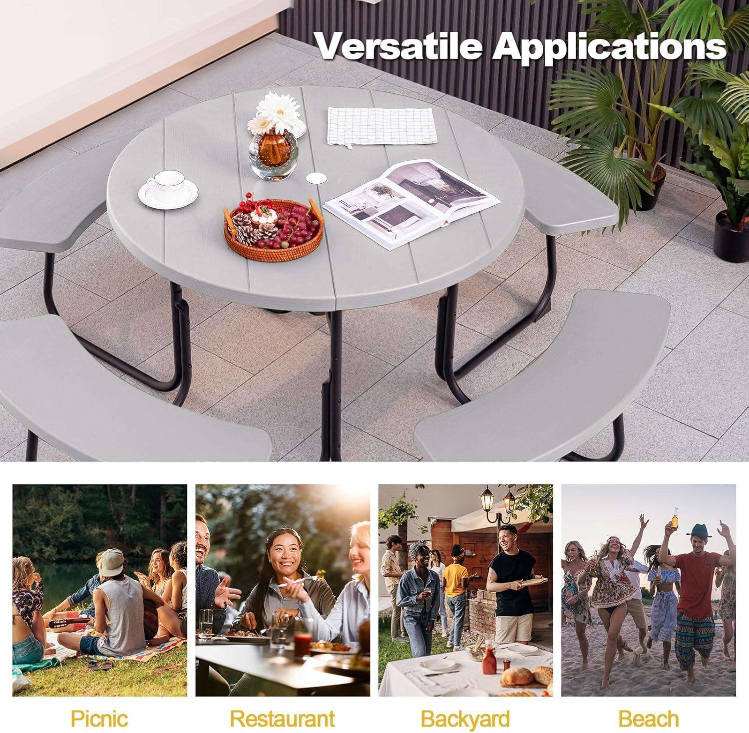 Costway Outdoor 8-person Round Picnic Table Bench Set with 4 Benches & Umbrella Hole Green