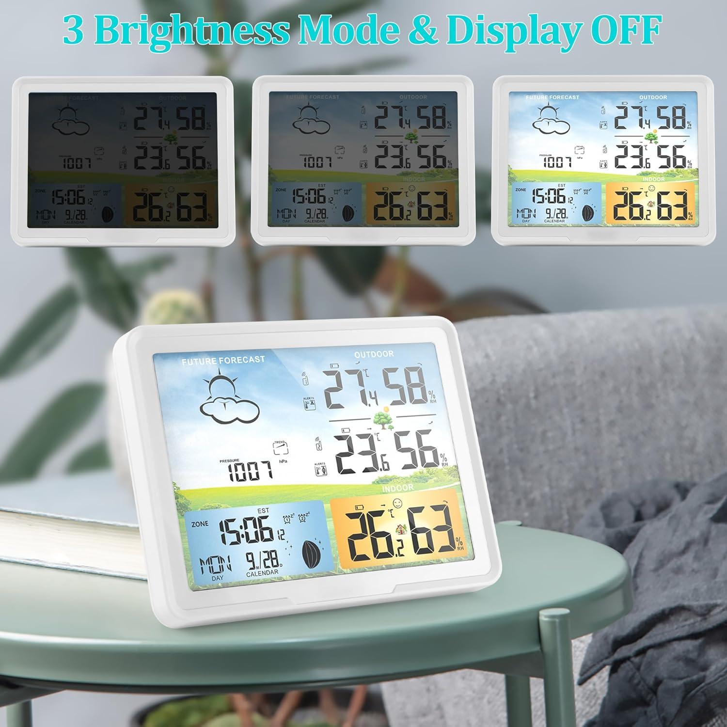 Wireless Indoor Outdoor Thermometer: Home Weather Station, Portable Digital Weather Clock Atomic with Bluetooth Color Forecast, Multiple Sensors Weather Monitor and Alarm (1 Remote)