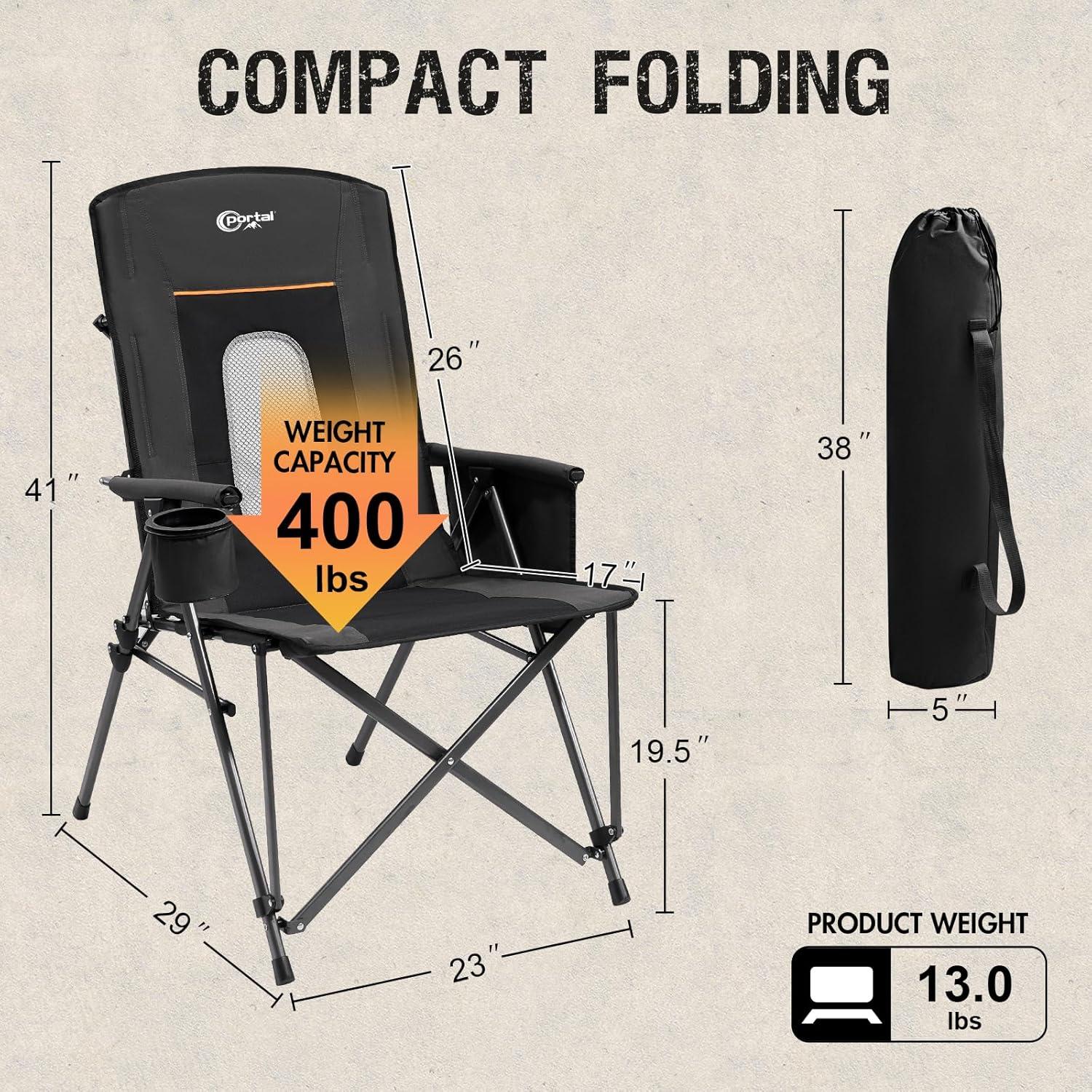 PORTAL Folding Camping Chair for Adults, Portable High Back Oversized Camp Chair for Outdoor, Supports 400 lbs,Black