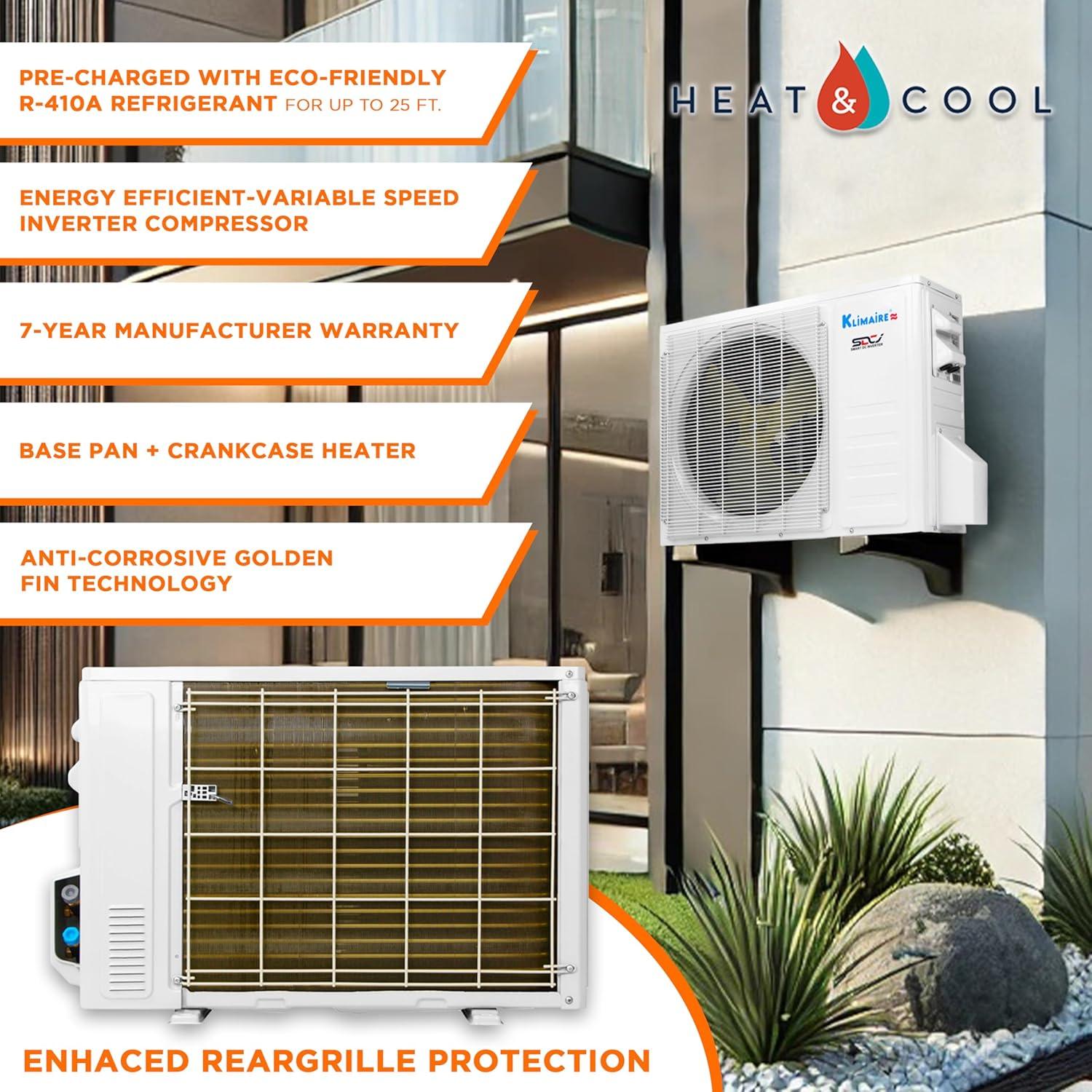 Klimaire DIY 18,000 BTU 19 SEER2 WiFi-Enabled Mini-Split Heat Pump Air Conditioner with 25-Ft Pre-Charged Quick-Connect Installation Kit, Up to 1,000 Sq. Ft.