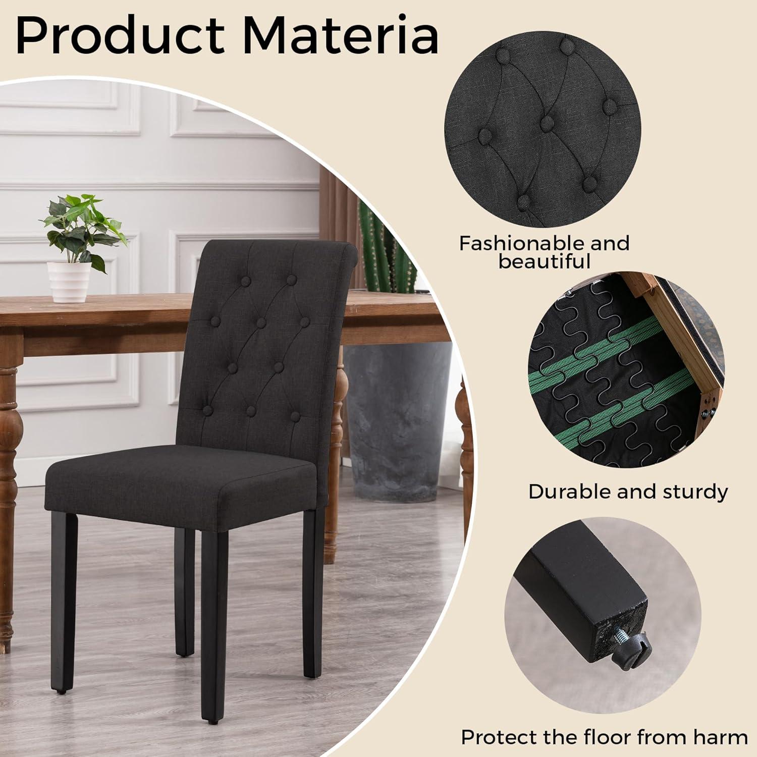 Button-Tufted Charcoal High Back Fabric Upholstered Dining Chairs, Set of 2