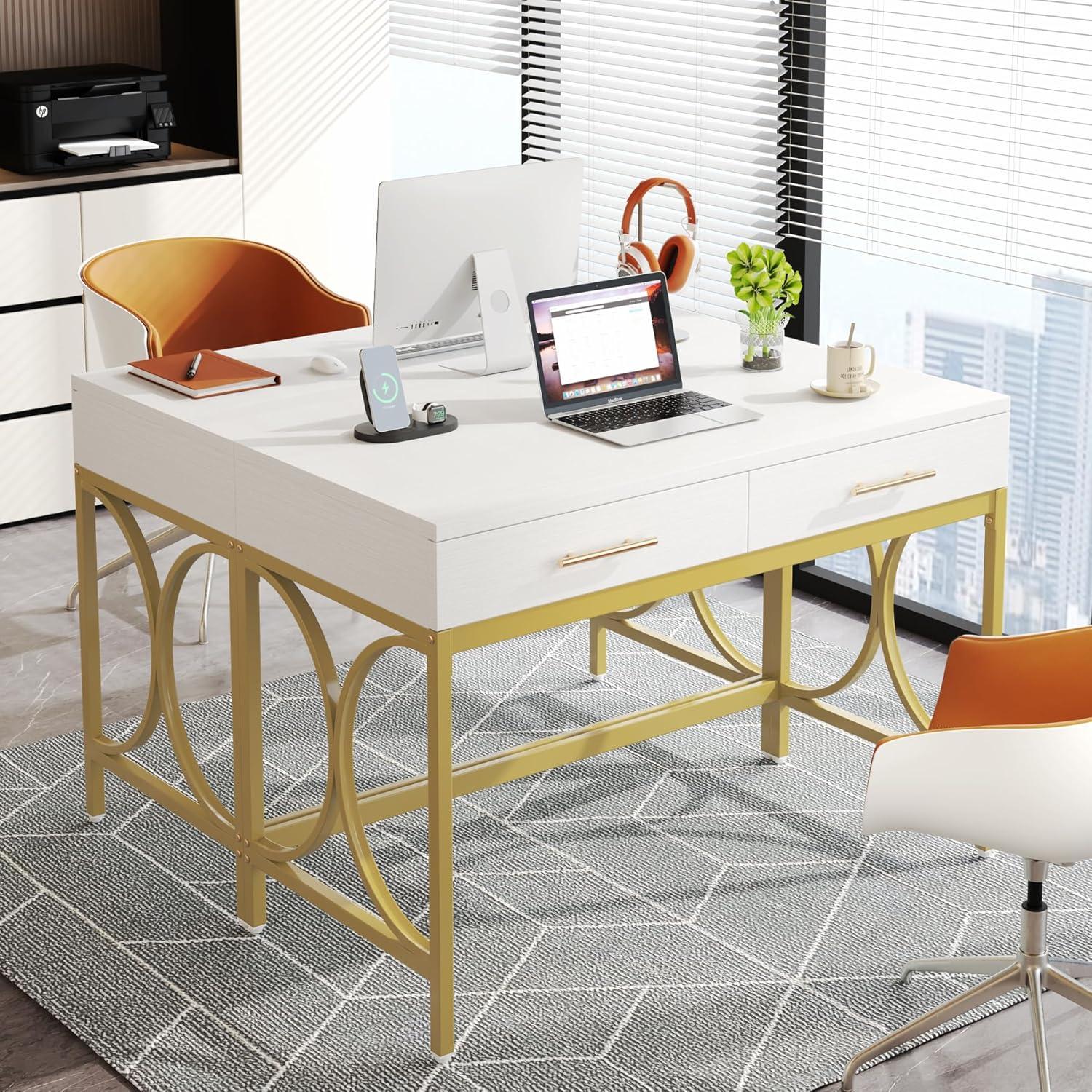 Modern White and Gold 41" Desk with Drawers