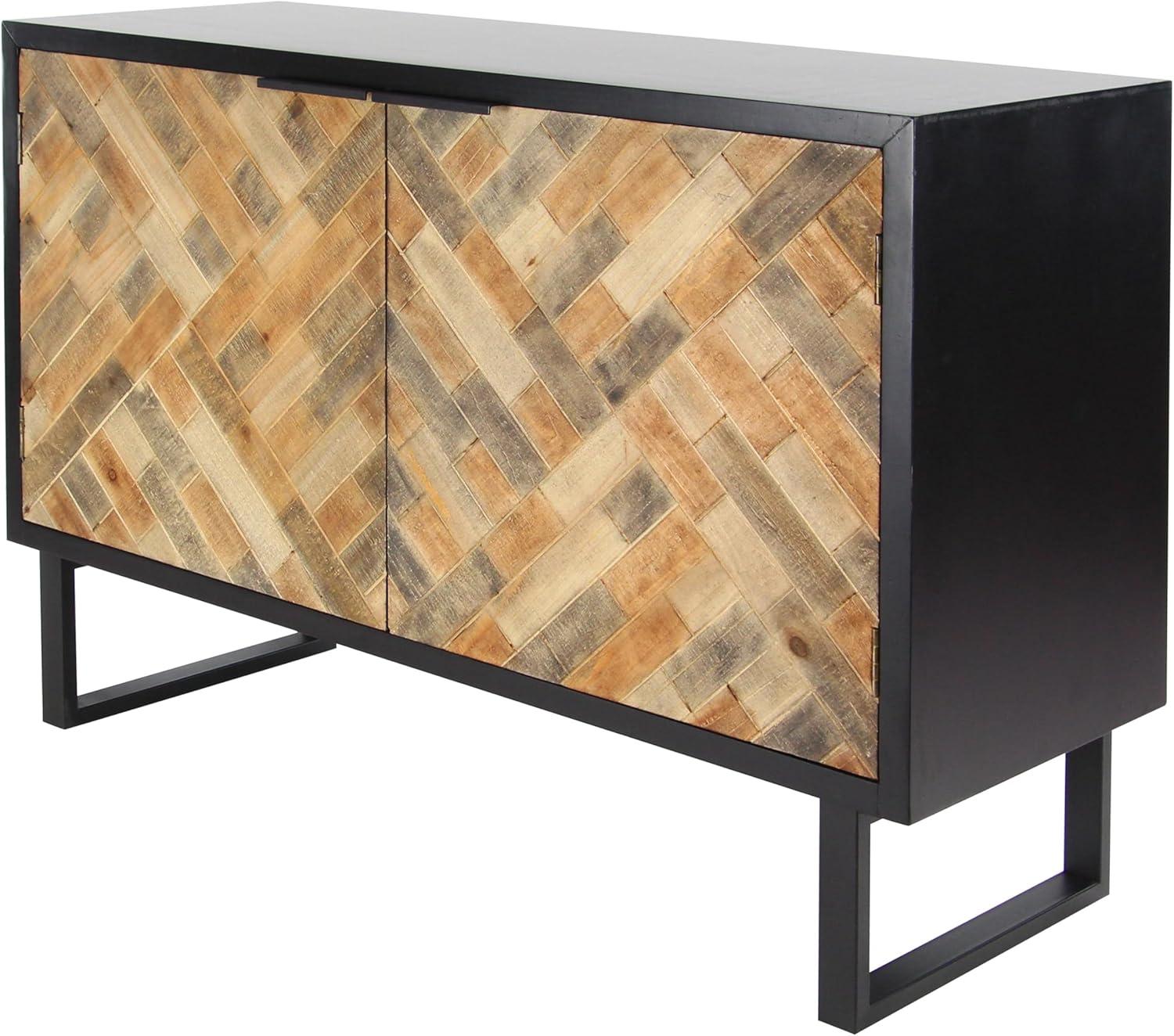 DecMode 47" x 33" Black Wood 1 Shelf and 2 Door Geometric Cabinet with Wood Inlay, 1-Piece