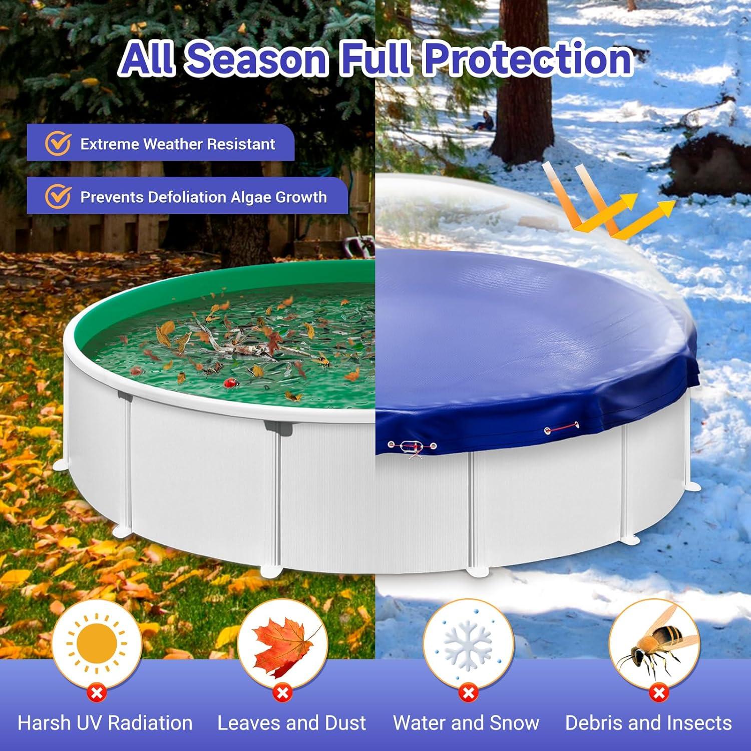 24ft Round Blue Above Ground Pool Cover with Steel Cable