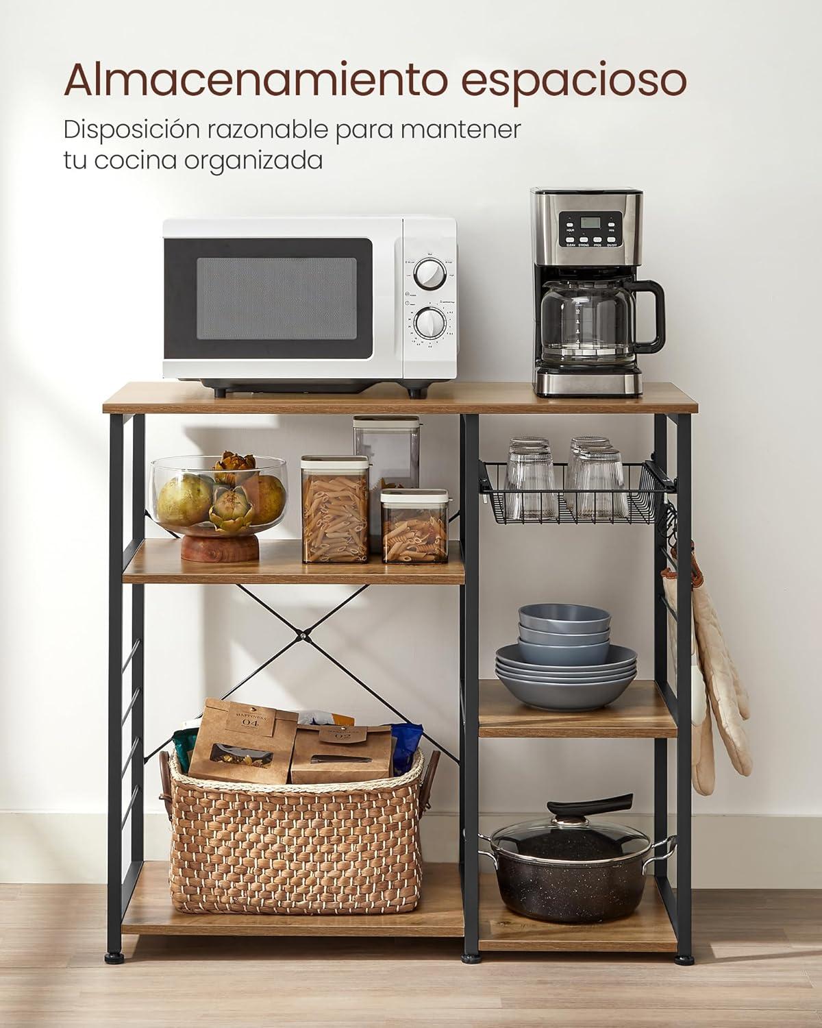 ALINRU Kitchen Baker’s Rack Coffee Bar Microwave Oven Stand 6 Hooks for Mini Oven Rustic Walnut and Black