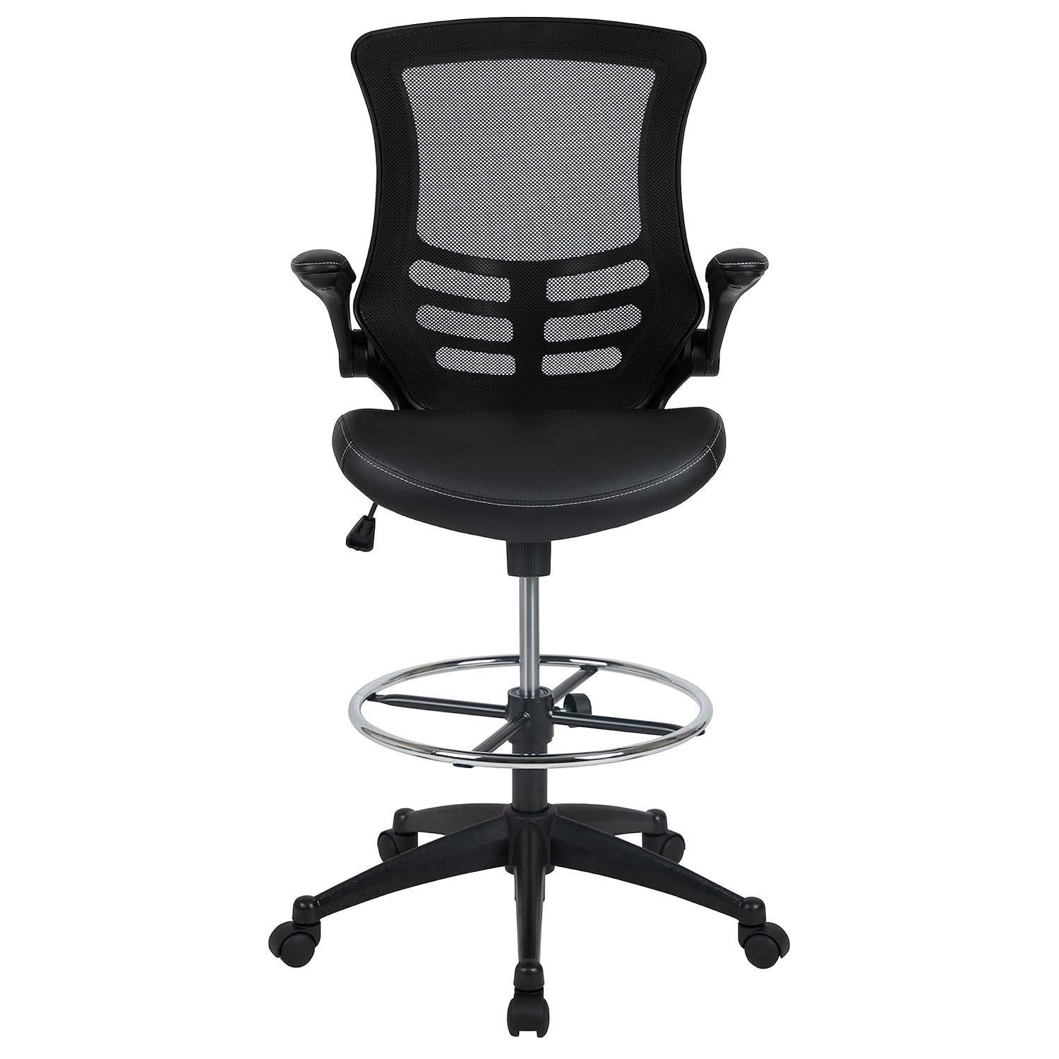 Flash Furniture Kelista Mid-Back Black Mesh Ergonomic Drafting Chair with LeatherSoft Seat, Adjustable Foot Ring and Flip-Up Arms