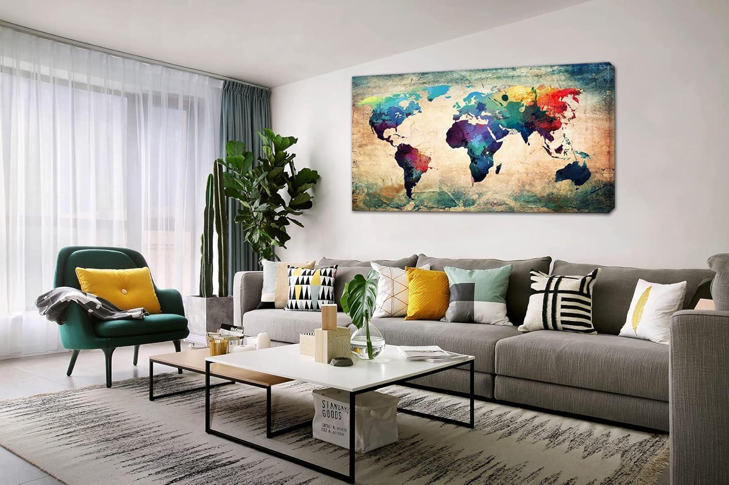 Baisuwallart A62075 Abstract World Map Canvas Painting Vintage Posters and Prints Colorful Wall Art Wall Pictures Artwork Framed Ready to Hang for Living Room Bedroom Office Home Decor 30x60inch