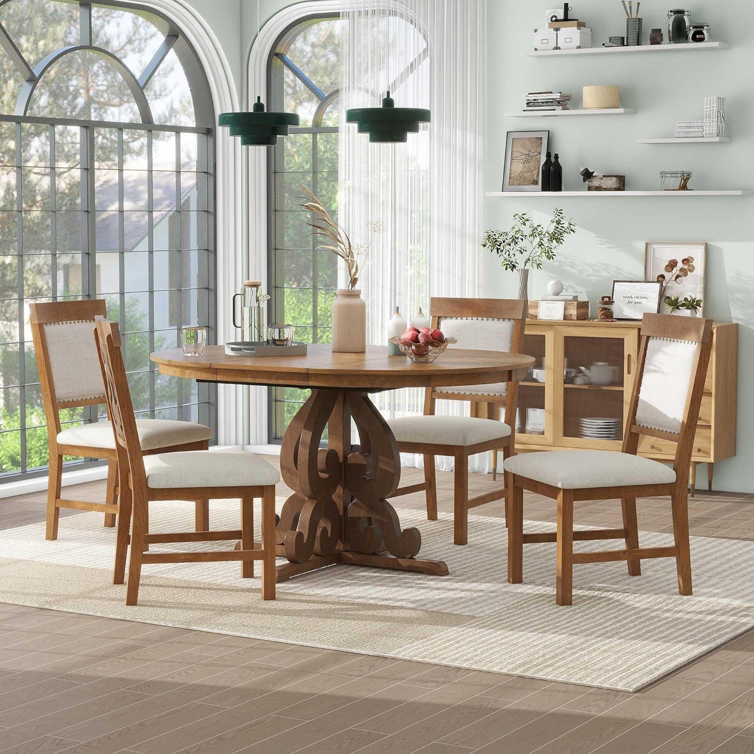 Walnut Extendable Dining Table Set with 4 Upholstered Chairs