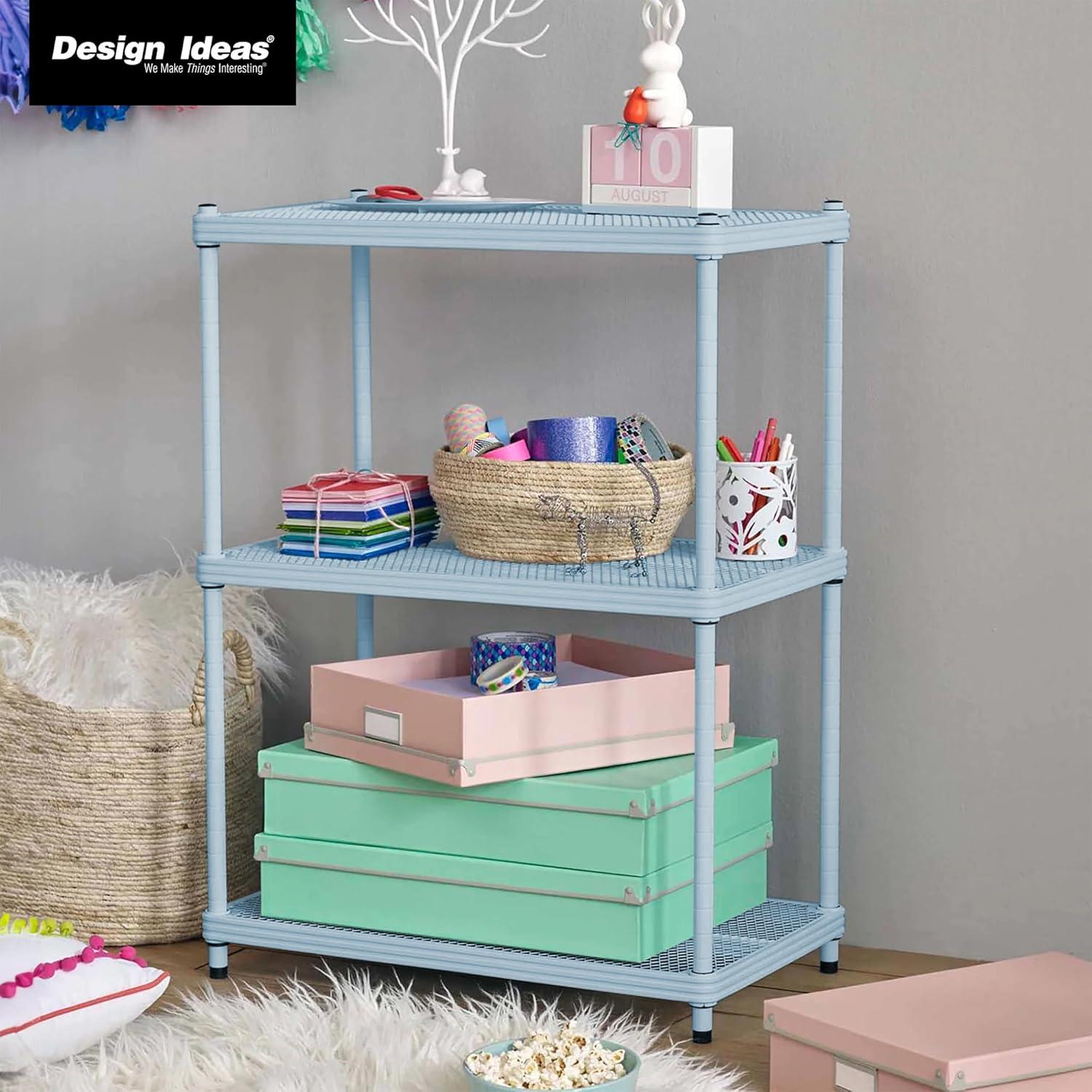 Design Ideas MeshWorks 3 Tier Full-Size Metal Storage Shelving Unit Rack for Kitchen, Office, and Garage Organization, 23.6” x 13.8” x 31.5,” Blue