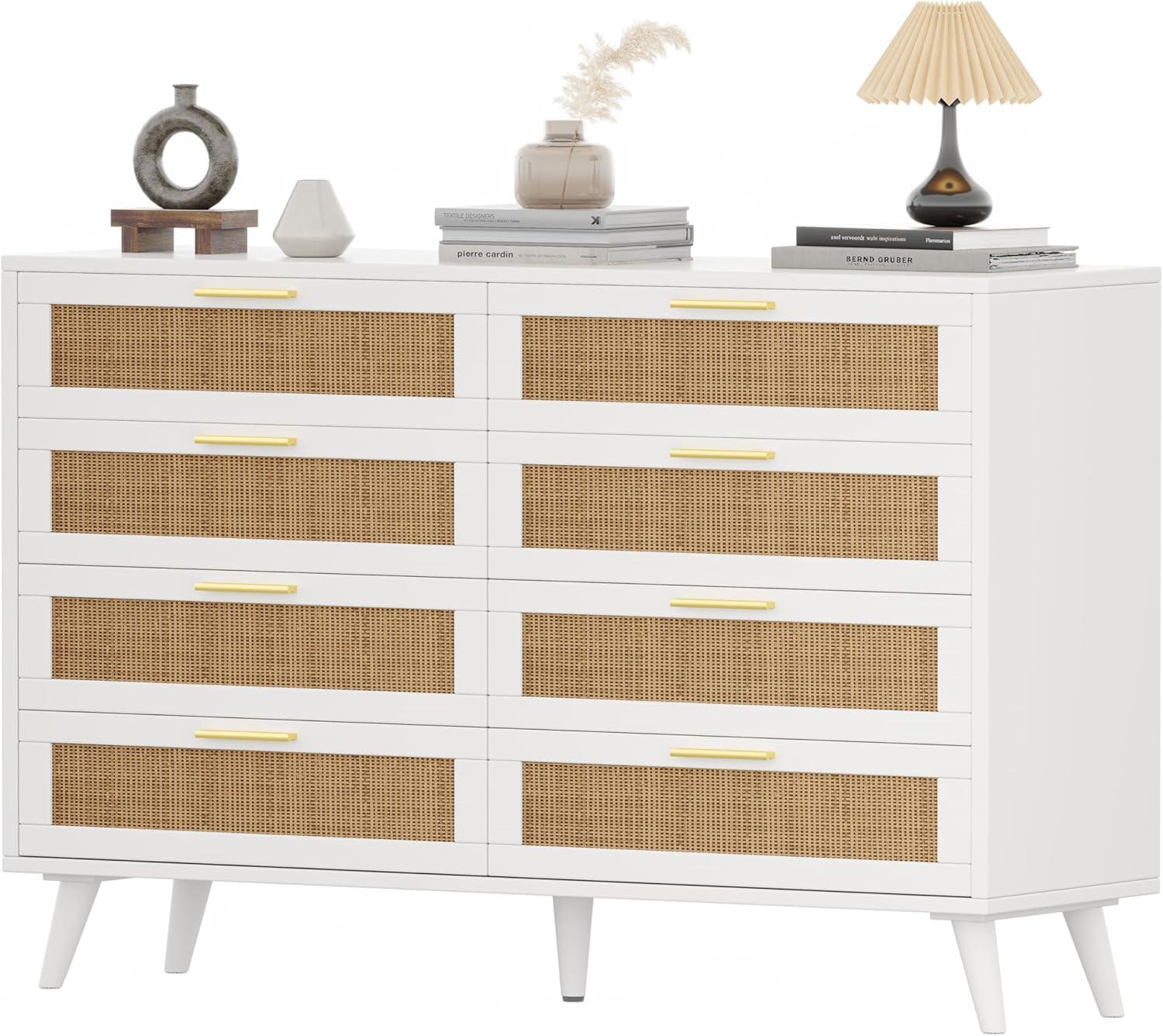 Danolapsi Rattan Dresser for Bedroom with 8 Drawer,Modern Storage Double Drawers for Bedroom,Wooden Dresser Chest,Beside Table for Closet,Nursery, Living Room and Entryway