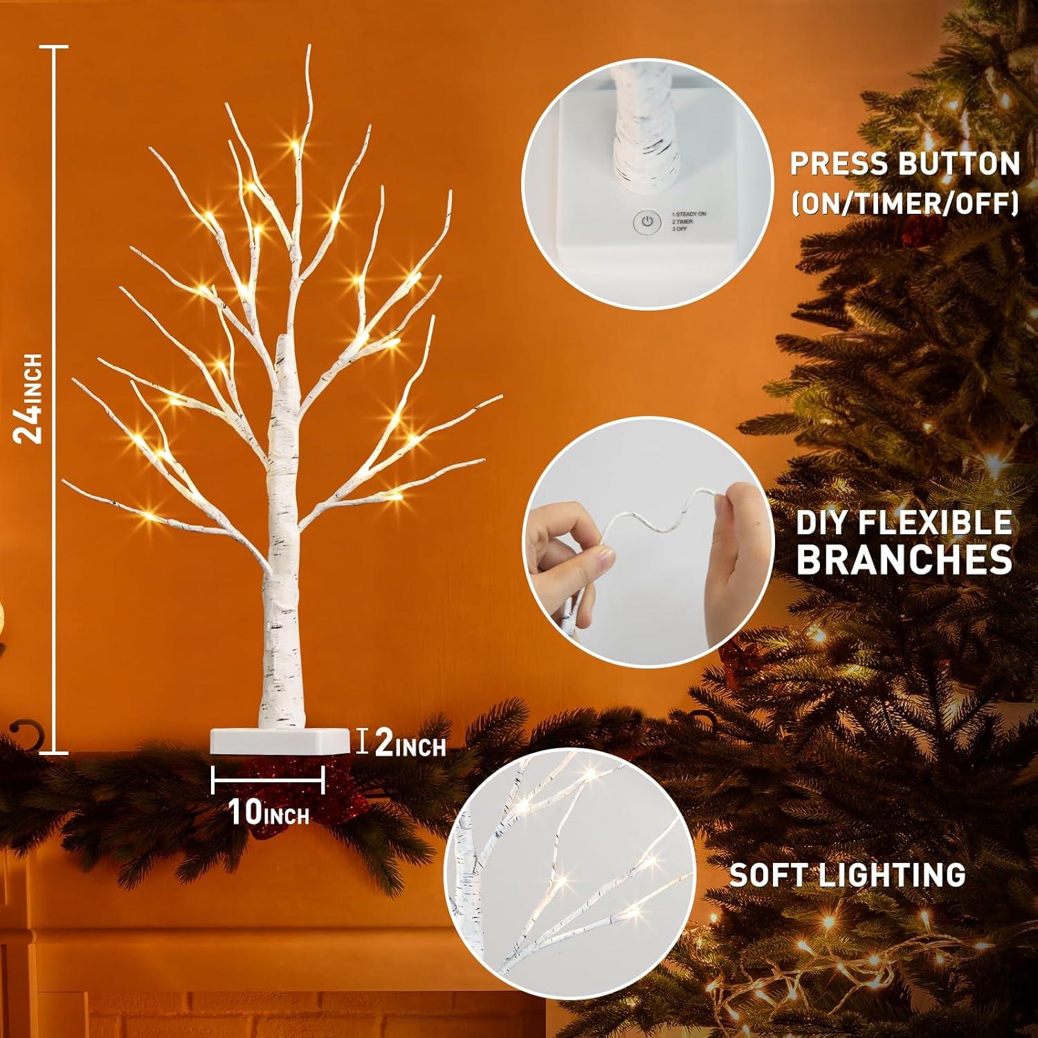 The Holiday Aisle® White Birch Tree With LED Lights - Set Of 2, LED Tabletop Tree With Timer, Christmas Decorations Lighted Tree For Indoor Mantel Home Decor (2 FT, 24 LED)