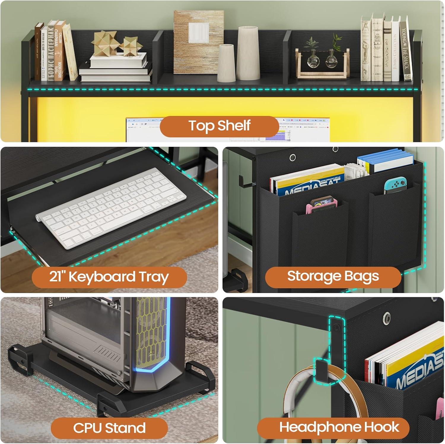 ADORNEVE Adult Collection Modern L-Shaped Power Outlet and LED Strip Desk, Rustic Brown