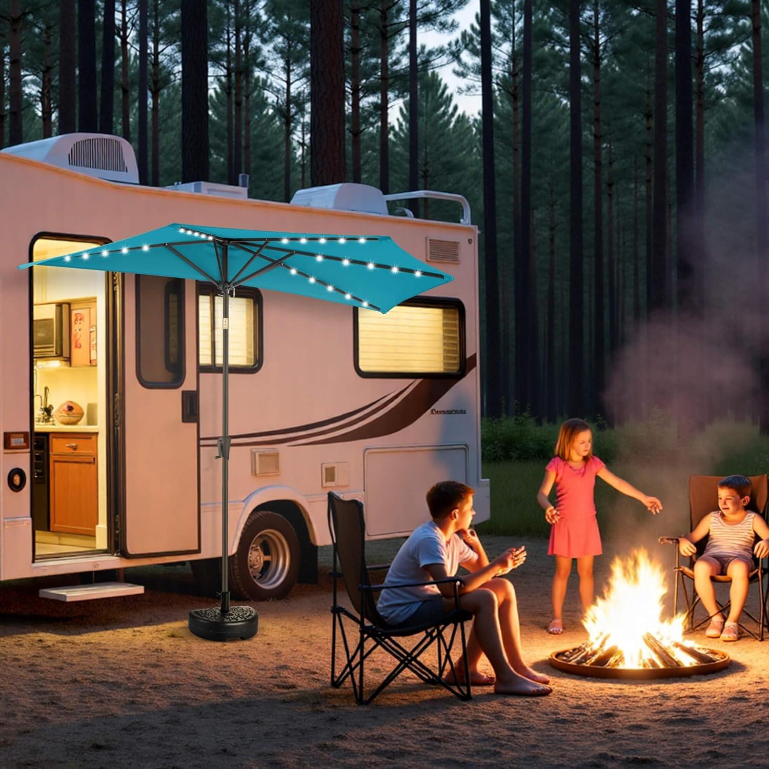 FLAME&SHADE 9 ft Half Round Solar Powered Outdoor Market Patio Table Umbrella for Wall Balcony with LED Lights and Tilt, Aqua Blue