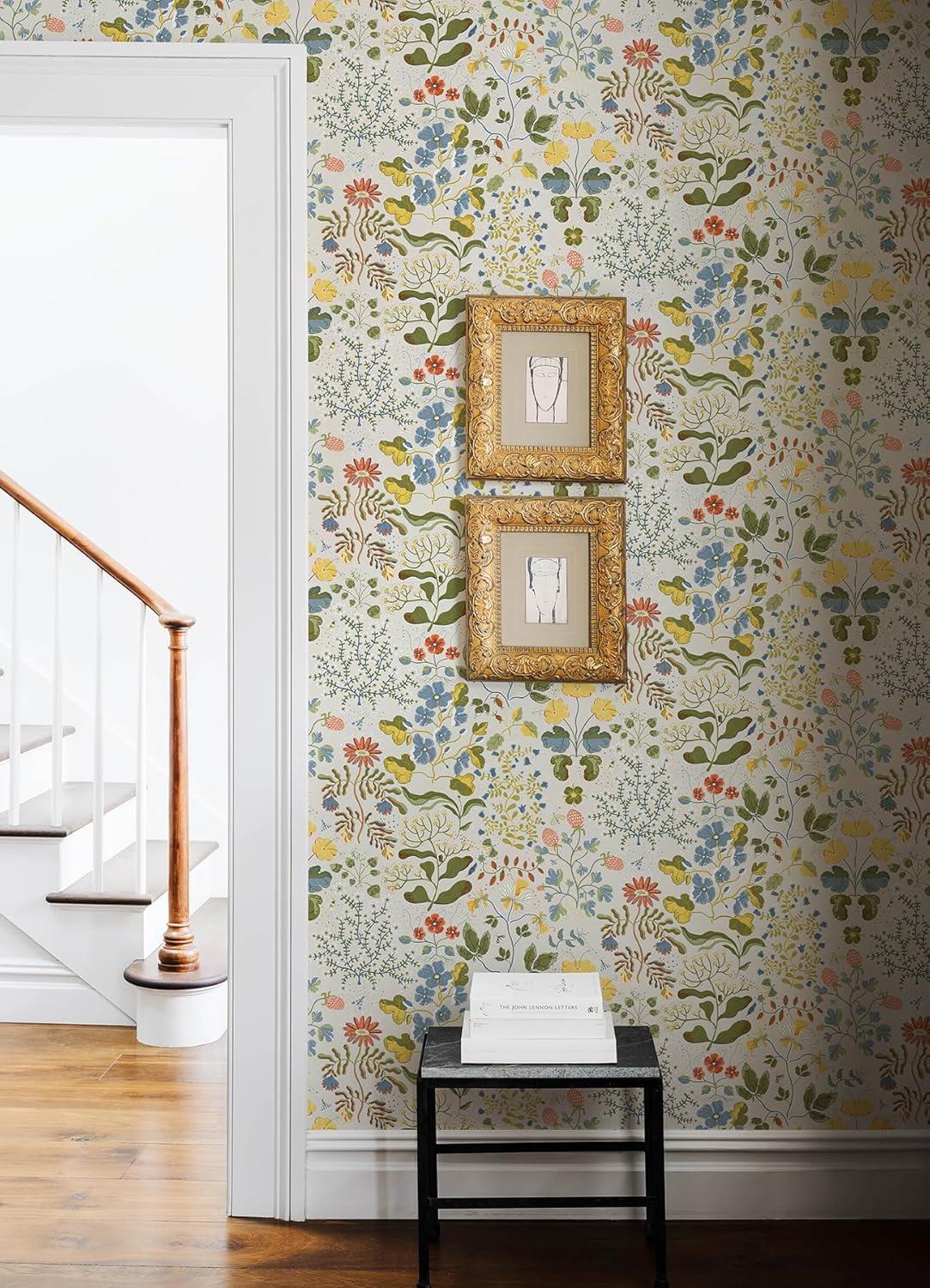 Scandinavian Floral Wallpaper Roll in Multicolor on White