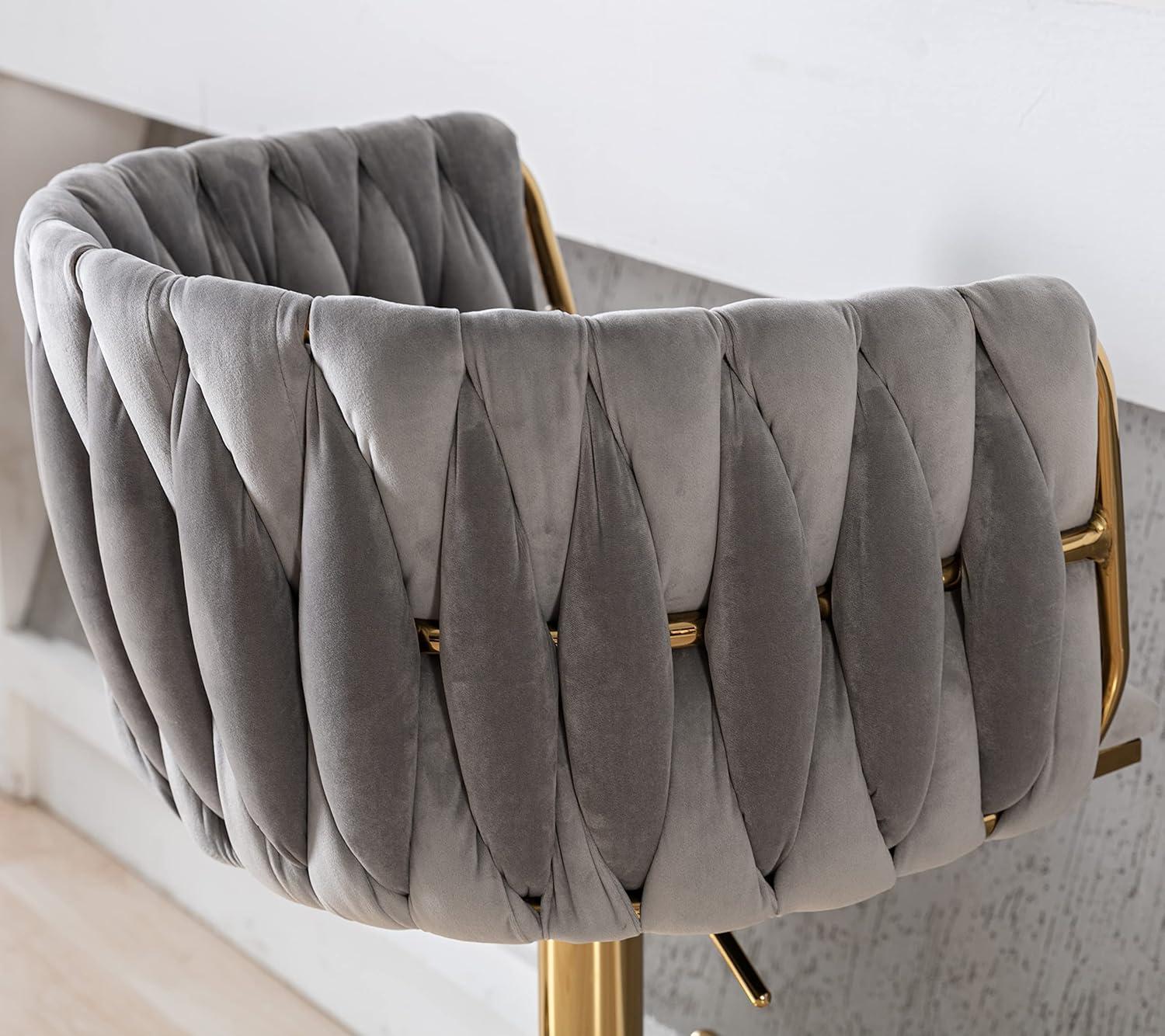 Velvet Bar Stools Set of 2, Counter Height Bar Stools with Low Back, Gold Swivel Barstools for Kitchen Island, Bar Pub (Grey)