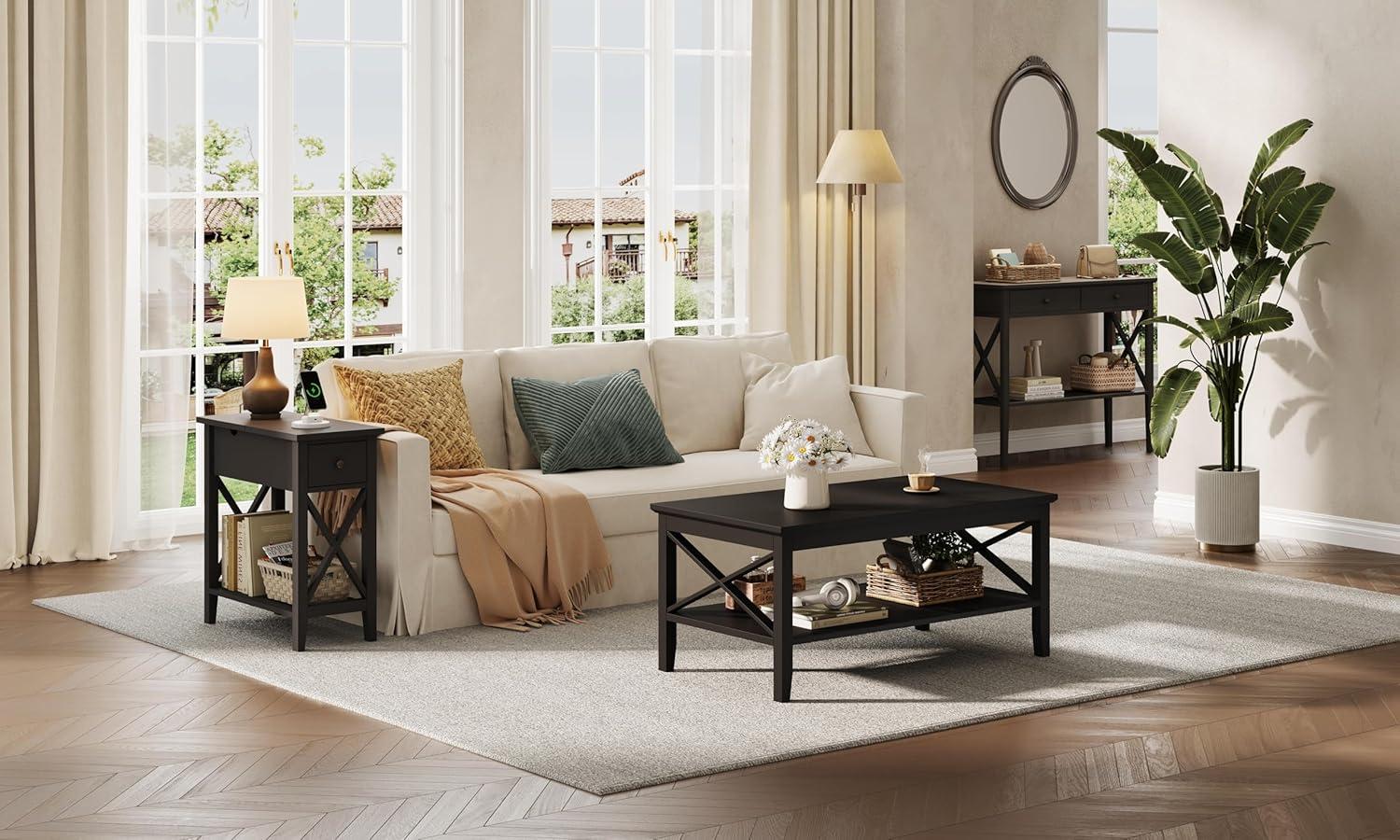 ChooChoo End Table with Charging Station, Narrow Side Table with USB Ports and Outlets, Nightstand with Drawer, for Small Spaces, Bedside Tables for Living Room Black