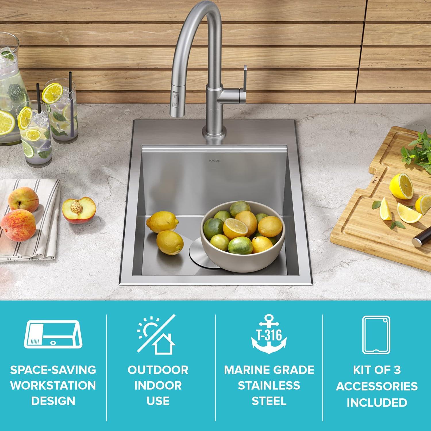 KRAUS Kore™ 15" L Outdoor Workstation Drop-In 16 Gauge Marine Grade T-316 Stainless Steel Single Bowl Kitchen Bar Sink