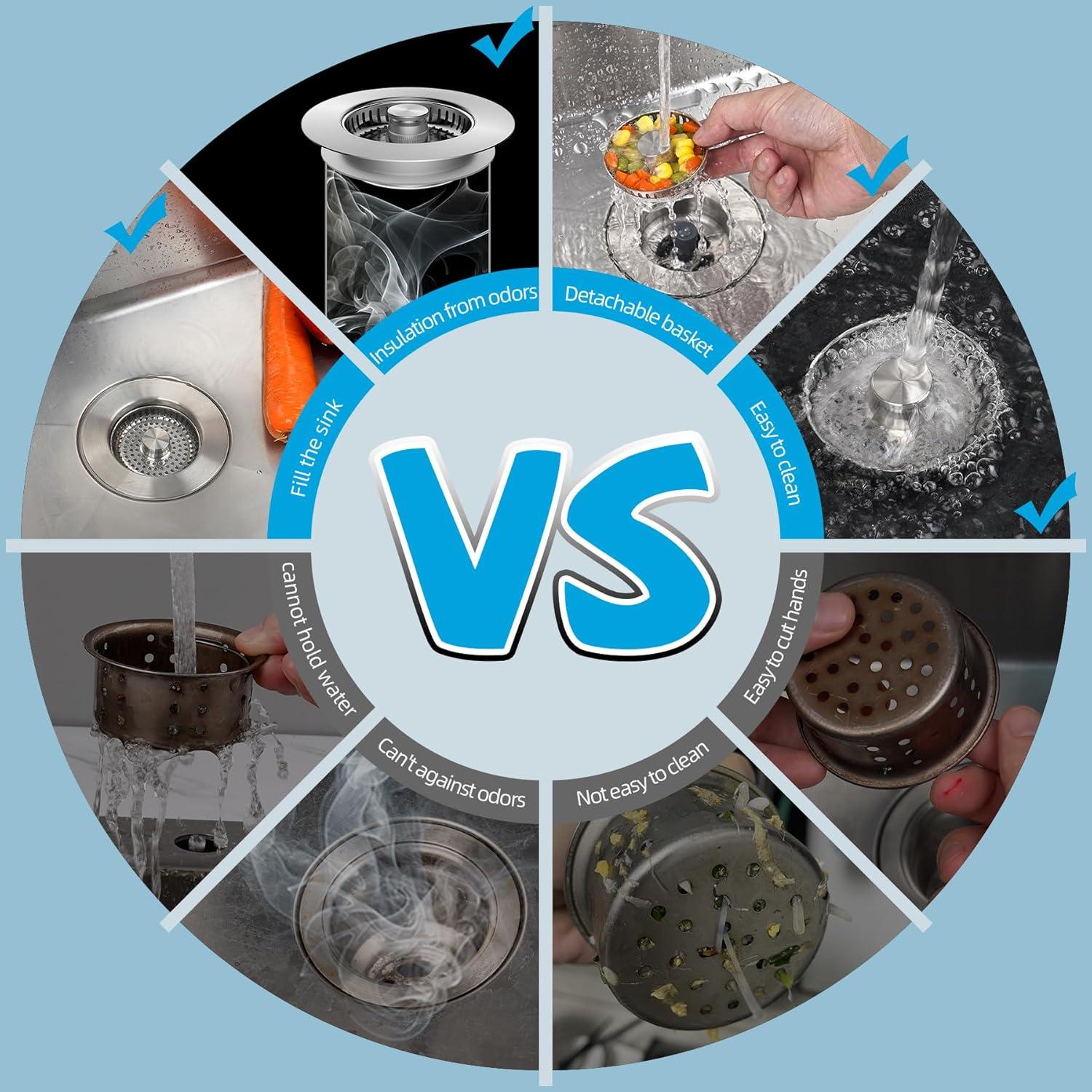 Hibbent 3-in-1 Kitchen Sink Drain Strainer  Stopper , Stainless Steel Pop-Up Design, Anti-Clogging Metal Basket with Handle, Compatible with US Standard 3-1/2" Drain