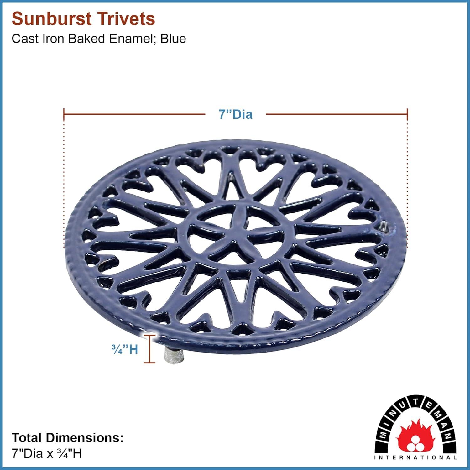 Blue Sunburst Cast Iron Trivet, 7-Inch Diameter