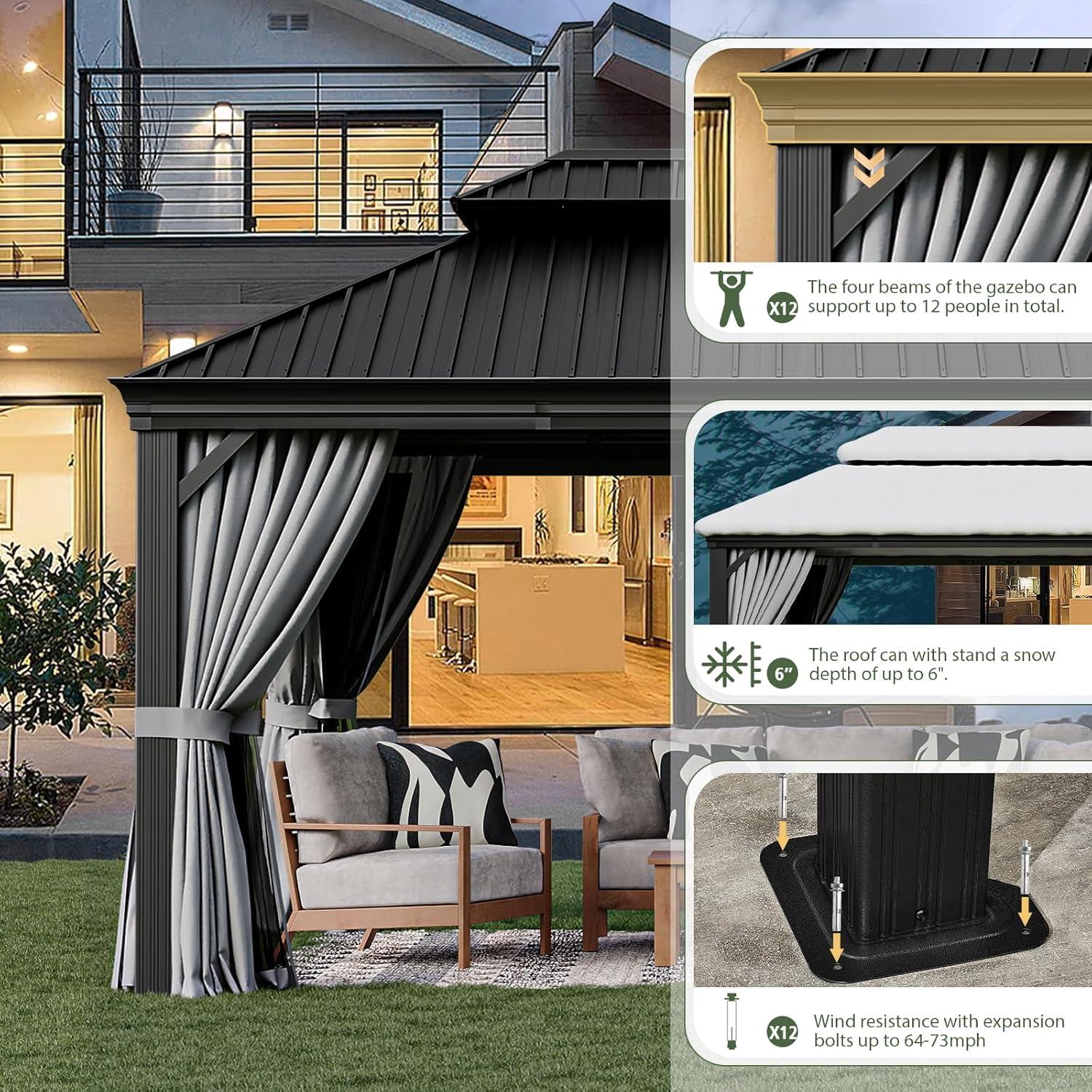 Kozyard Kozyard Alexander Gray Double Roof Hardtop Gazebo with Privacy Curtain Mosquito Netting