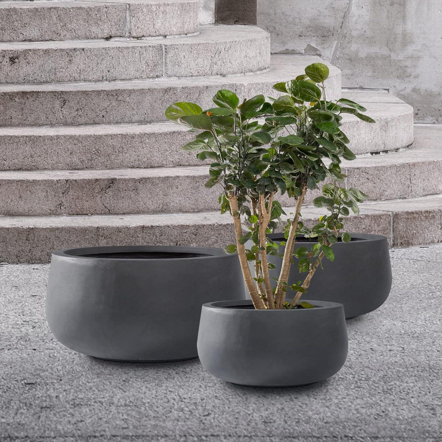 Charcoal Round Concrete Planters Set of 3 with Drainage Holes