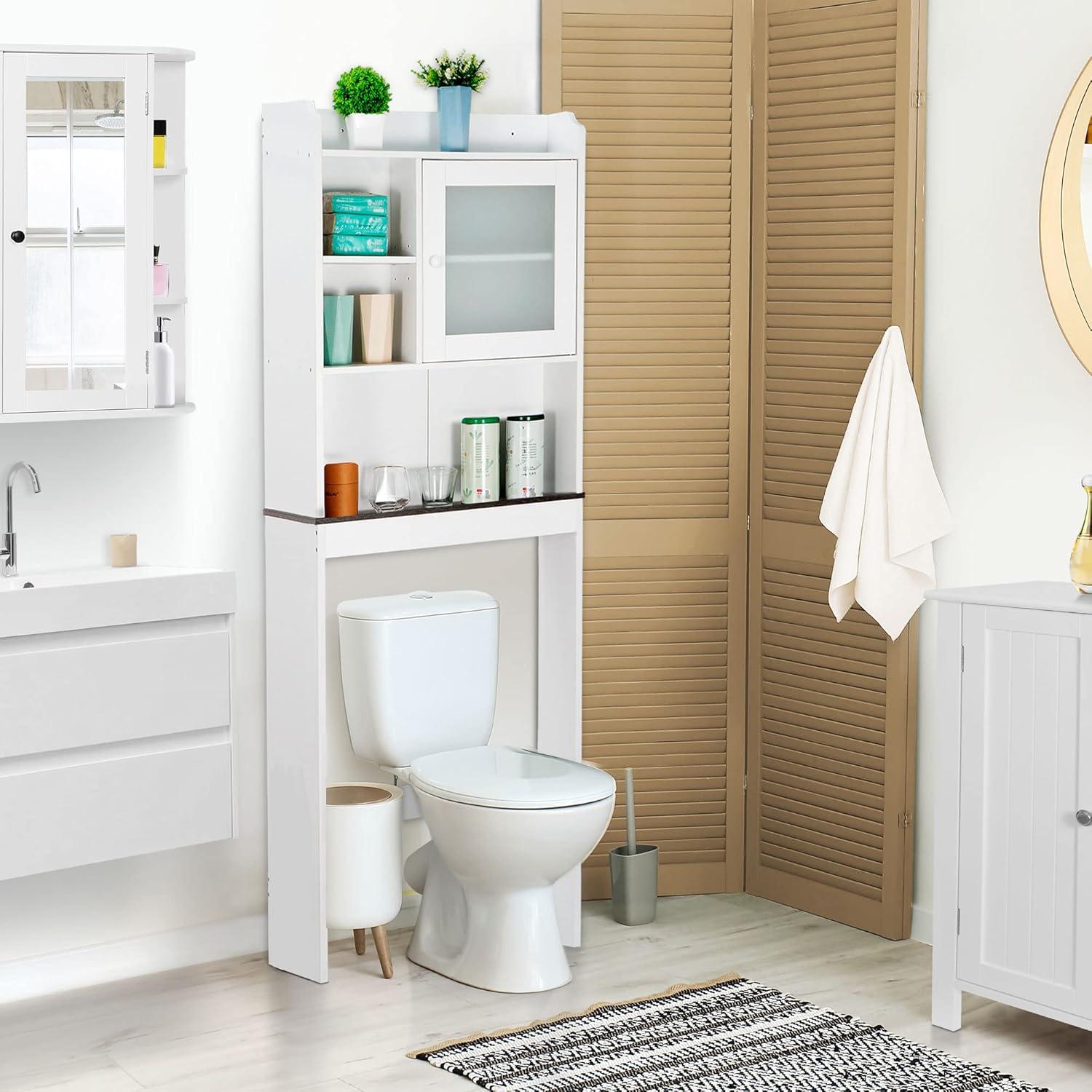 Over The Toilet Bathroom Storage Cabinet Freestanding Wooden Bathroom Organizer with Adjustable Shelves and Glass Door, White