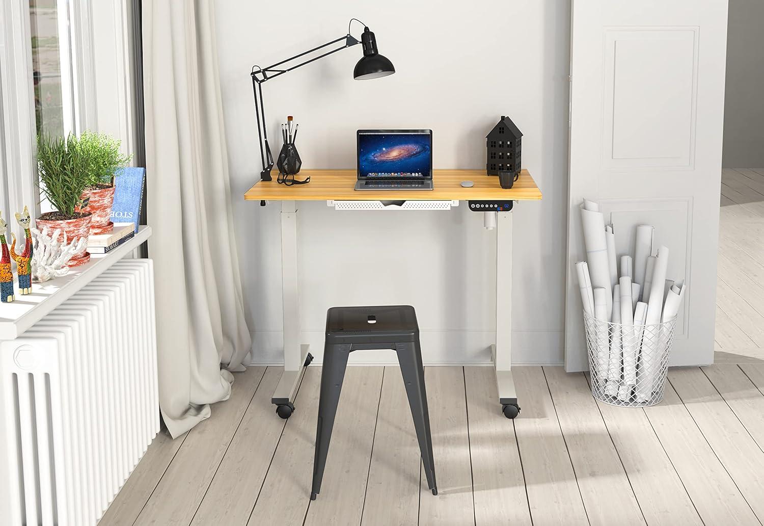 SHW 40-Inch Mobile Electric Height Adjustable Sit to Stand Desk with Drawer, Hanging Hooks and Cable Management, Oak