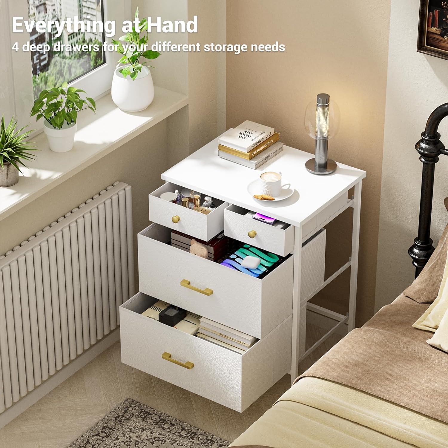 White Bedside Furniture, Small Dresser, Nightstand with 4 Fabric Drawers, Wood Top & Leather Finish, End Table for Bedroom, White