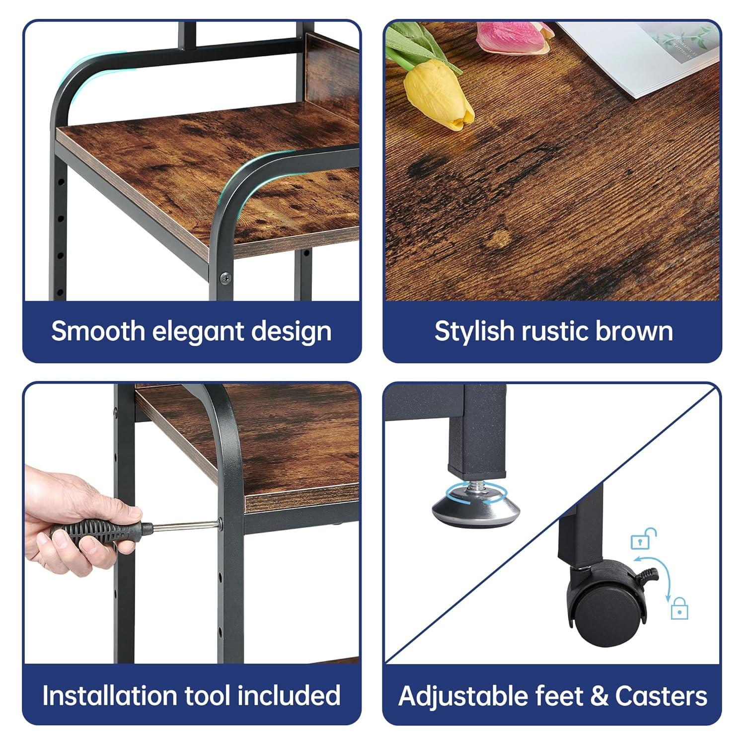Printer Stand, Rolling Printer Cart with 3-Shelf, Modern Mobile Desk Organizer with 4 Wheels for Home and Office, Rustic Brown