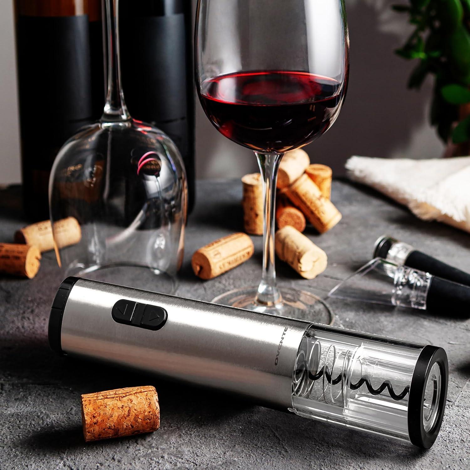 OVENTE Electric Stainless Steel Wine Bottle Opener, Foil Cutter, Perfect for Travel, Silver WO1381S